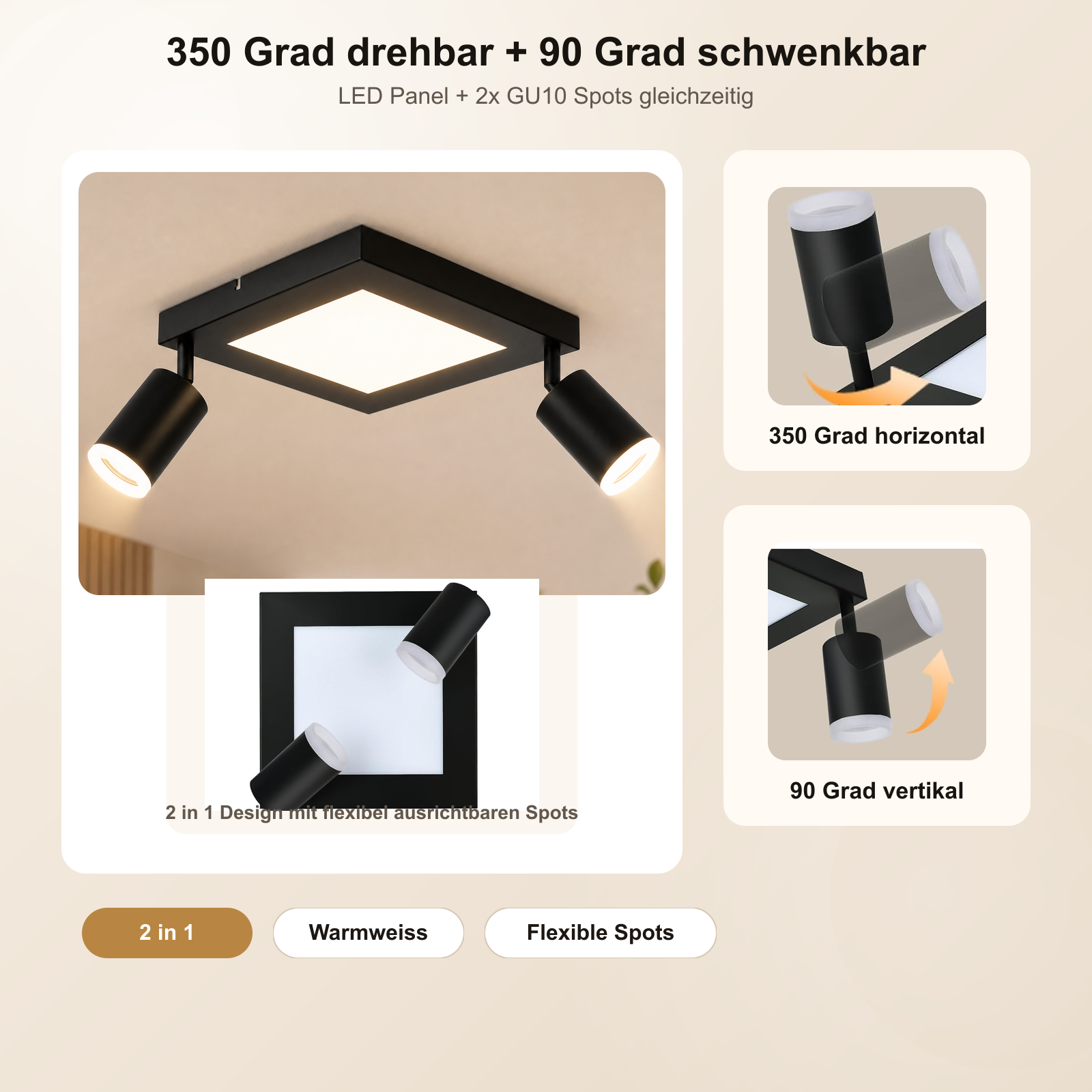 Plafoniera nera con pannello LED e 2 faretti flessibili.