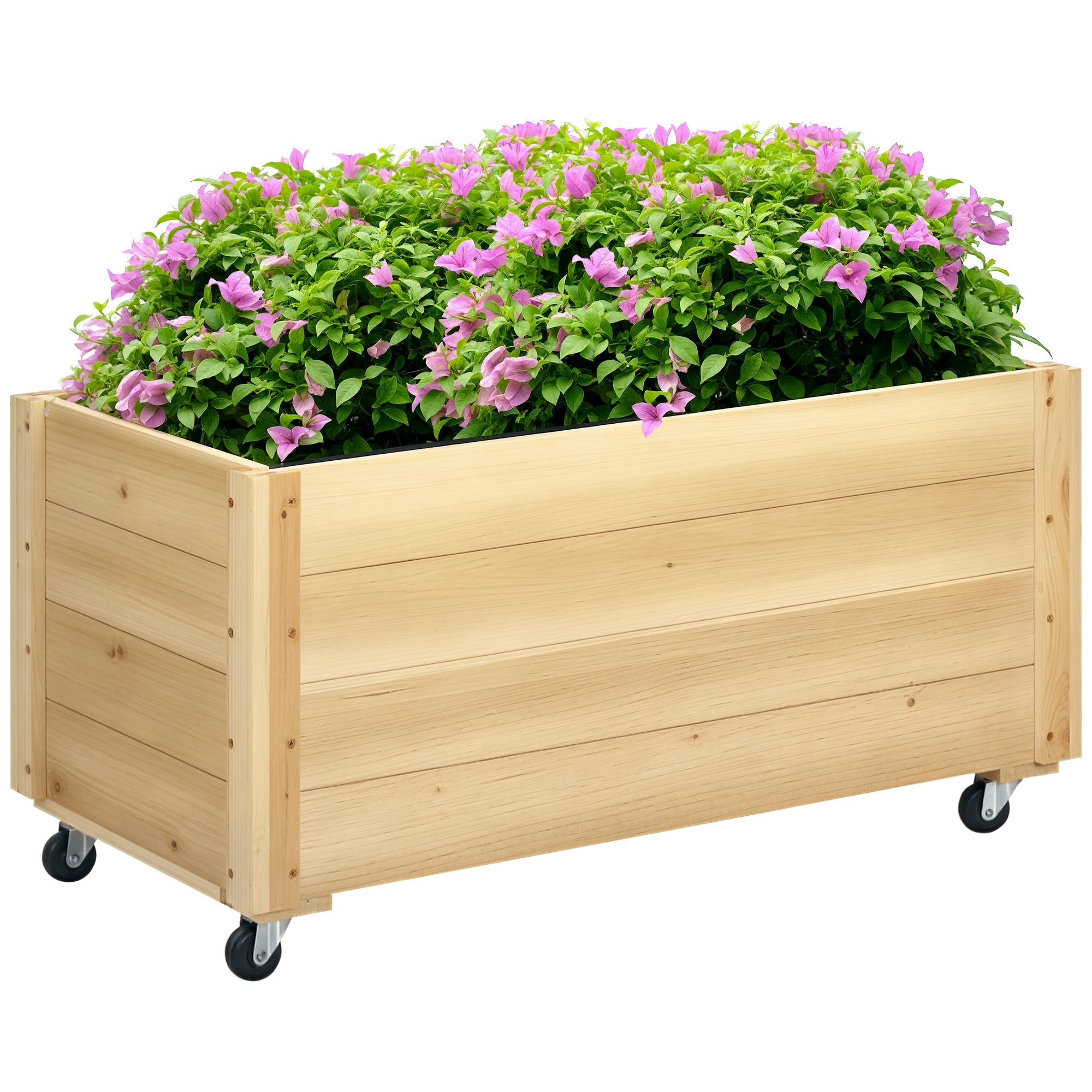 Fioriera in legno su ruote, piena di lussureggiante fogliame verde e fiori rosa.