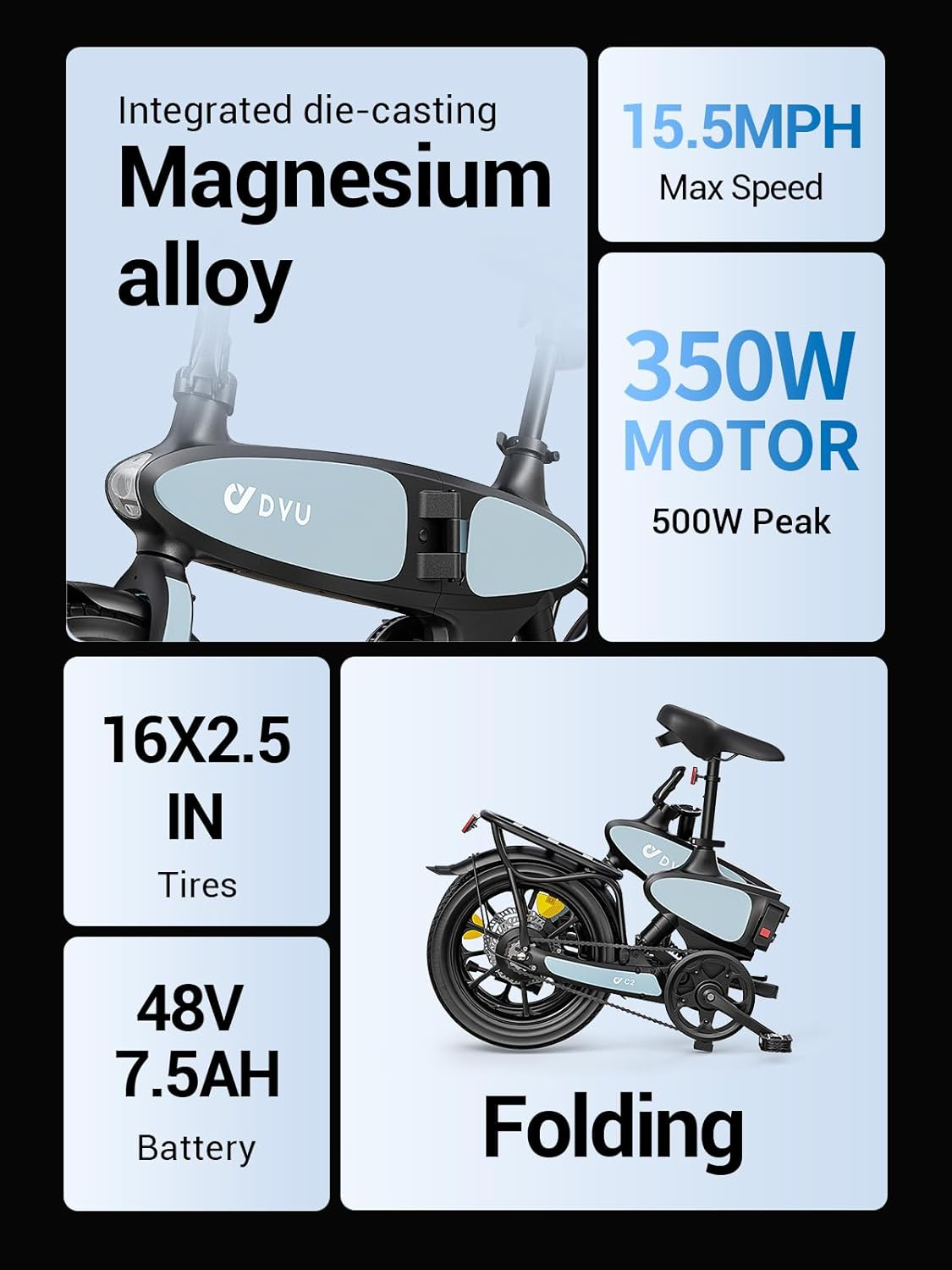 Marco de aleación de magnesio integrado, 15,5 MPH, motor de 350W, neumáticos de 16 pulgadas, batería de 48V, plegable.