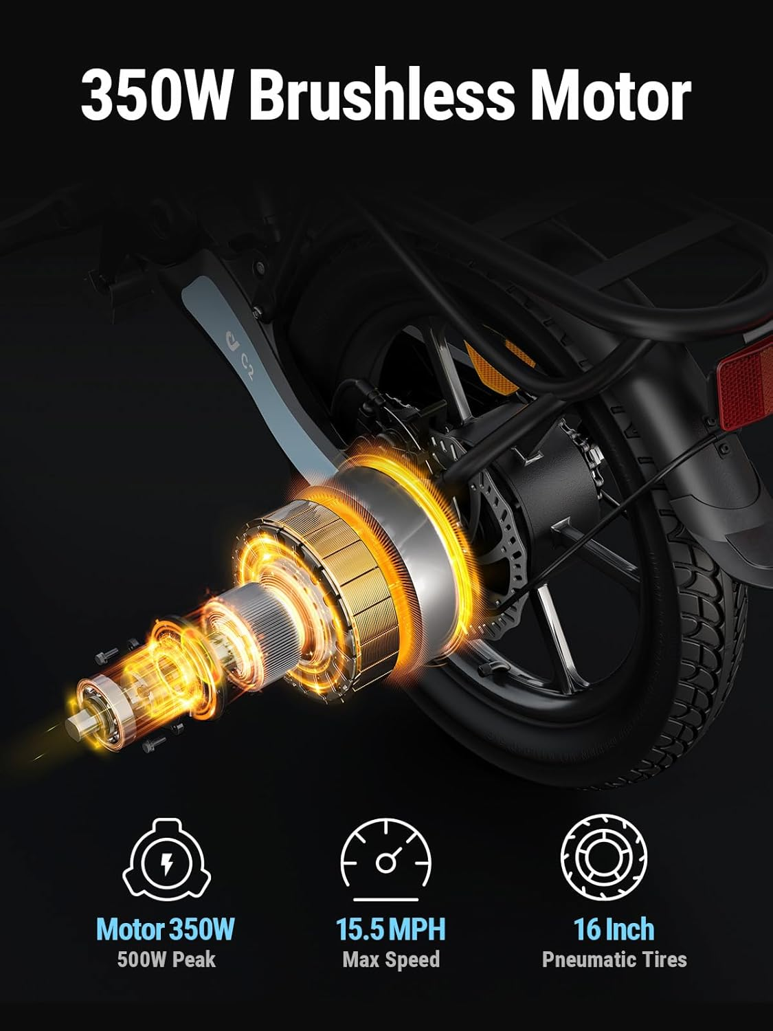 Motor sin escobillas de 350W con velocidad máxima de 15,5 MPH y neumáticos de 16 pulgadas.
