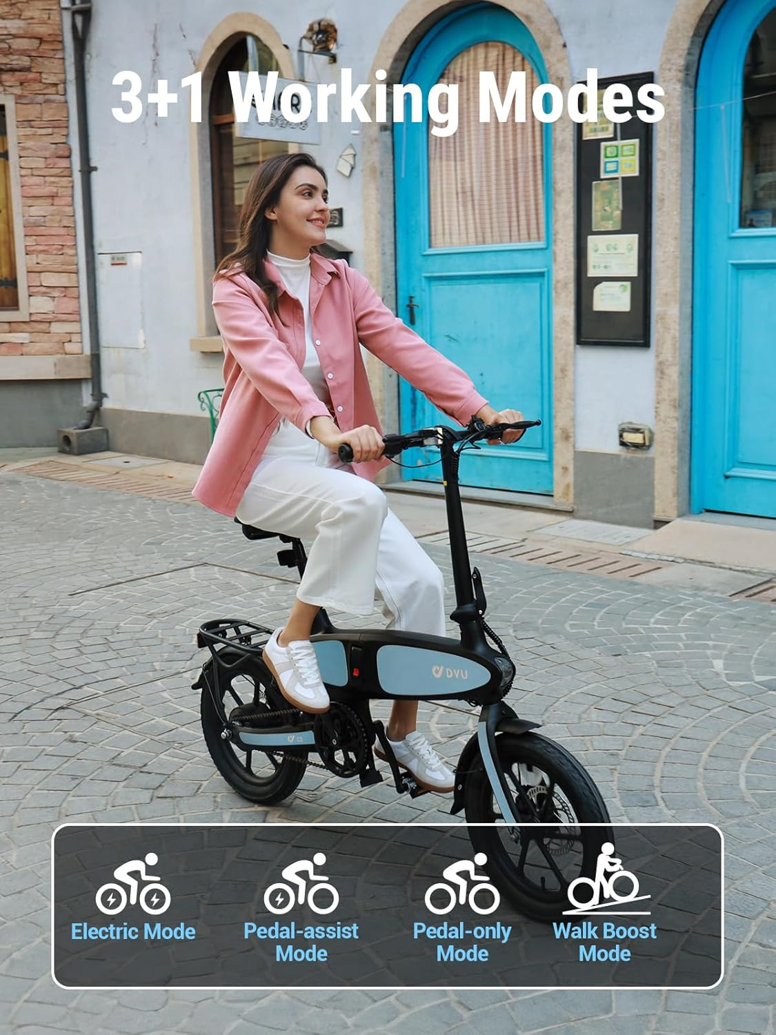 Mujer monta una bici eléctrica con 4 modos: Eléctrico, Asist. pedal, Solo pedal, Walk Boost.