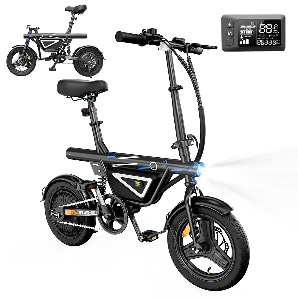 Una bici elettrica pieghevole nera con luce e display, mostrata su sfondo bianco.