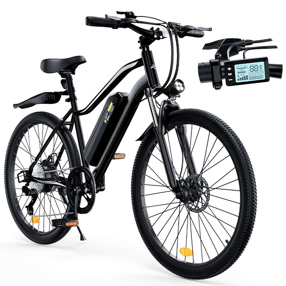 Se muestra una bicicleta eléctrica de montaña negra con pantalla digital y batería.