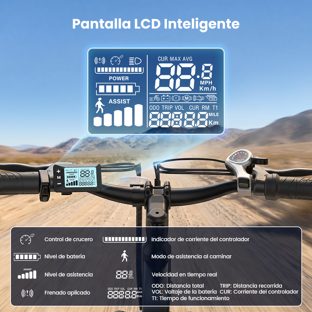 Manillar de e-bike con pantalla LCD que muestra velocidad, batería, modo y más.