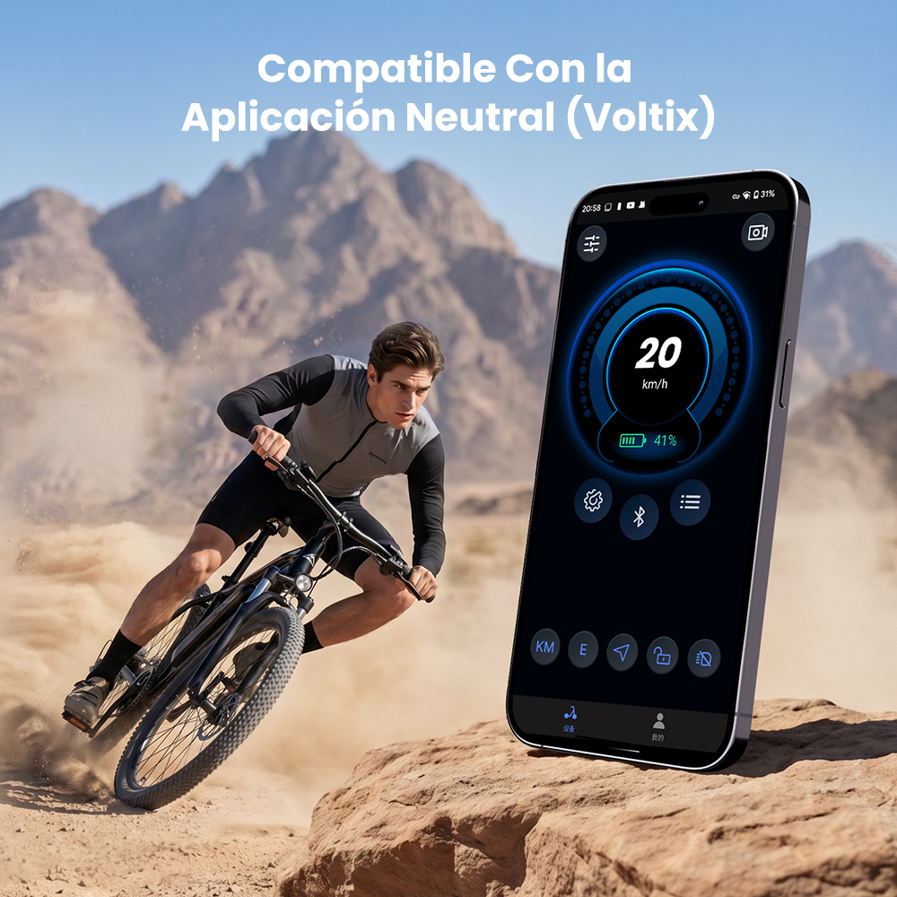Hombre en bicicleta de montaña, teléfono muestra 20 km/h y 41% batería.