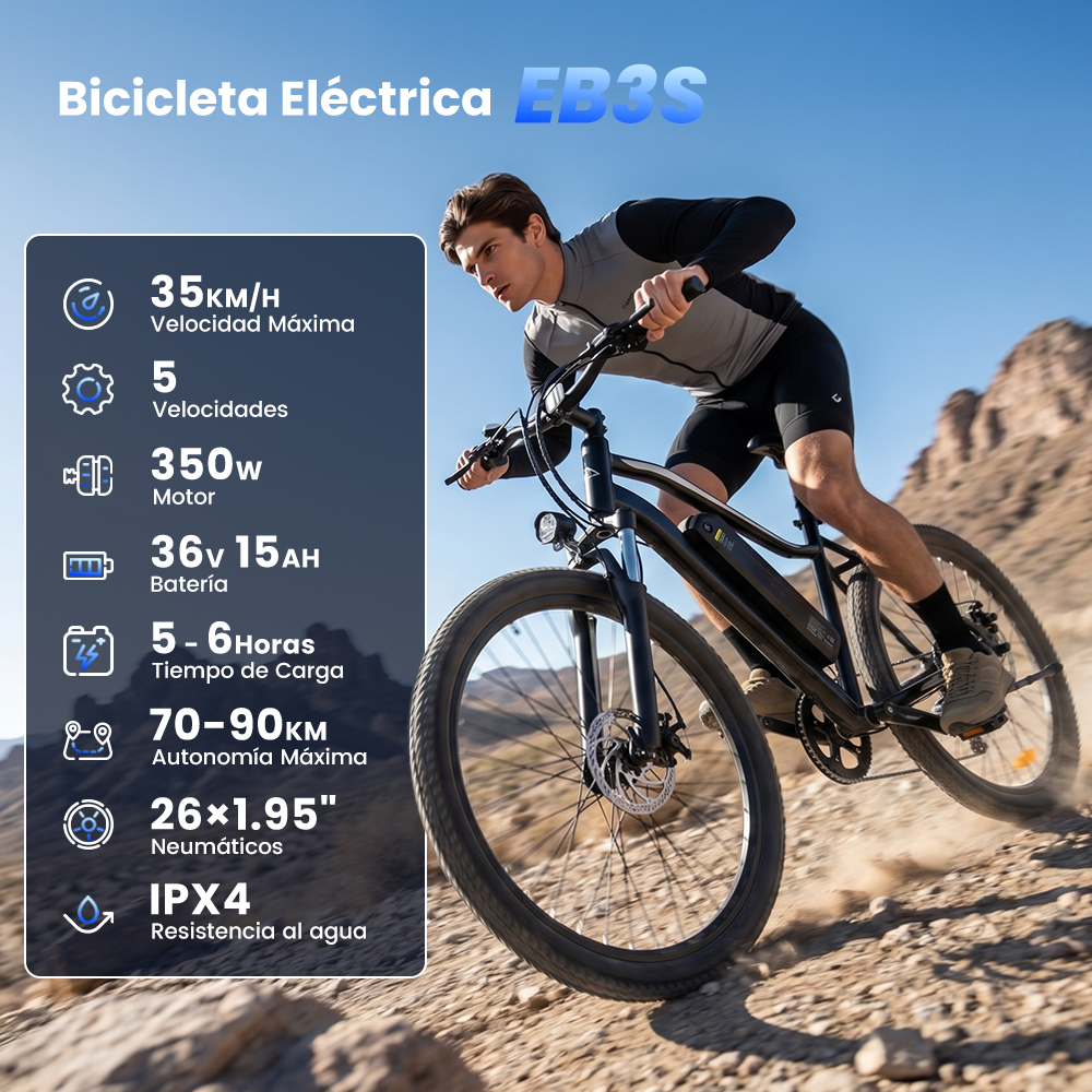 Hombre montando una e-bike negra en sendero rocoso, especificaciones a la izquierda.