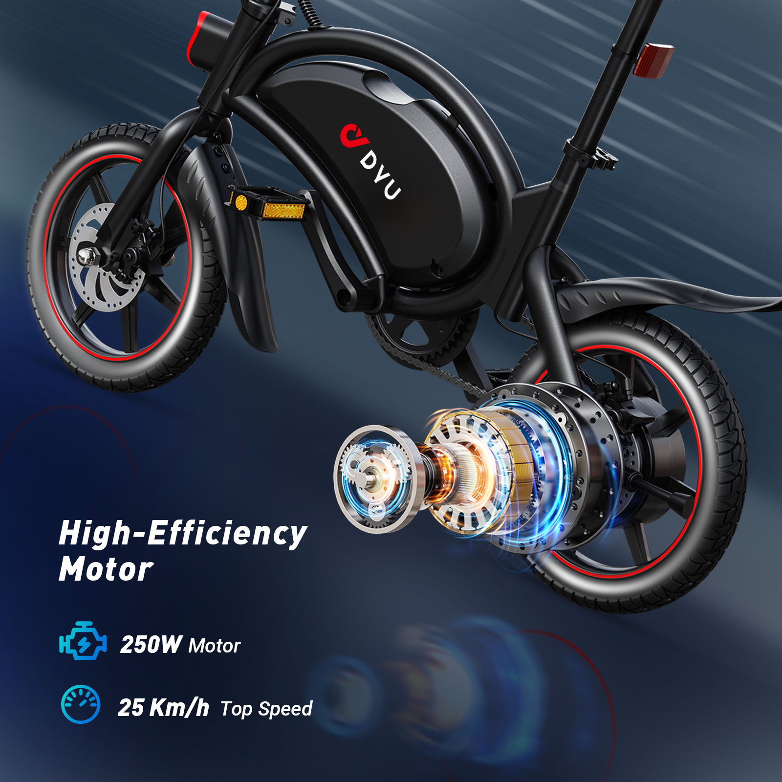Una bicicleta eléctrica negra con raya roja en la rueda y vista detallada del motor.