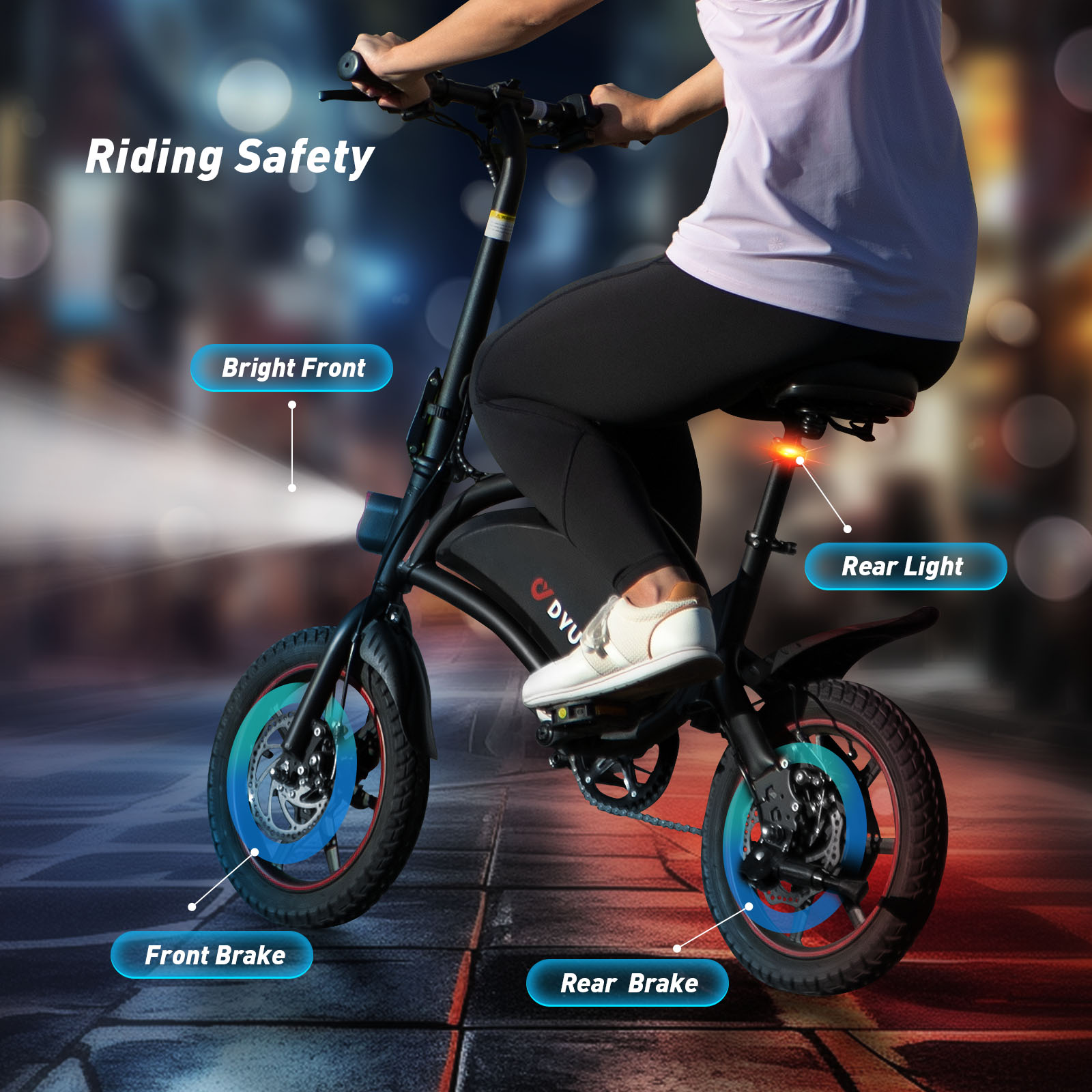 Persona monta una bicicleta eléctrica con luces y frenos delanteros y traseros.