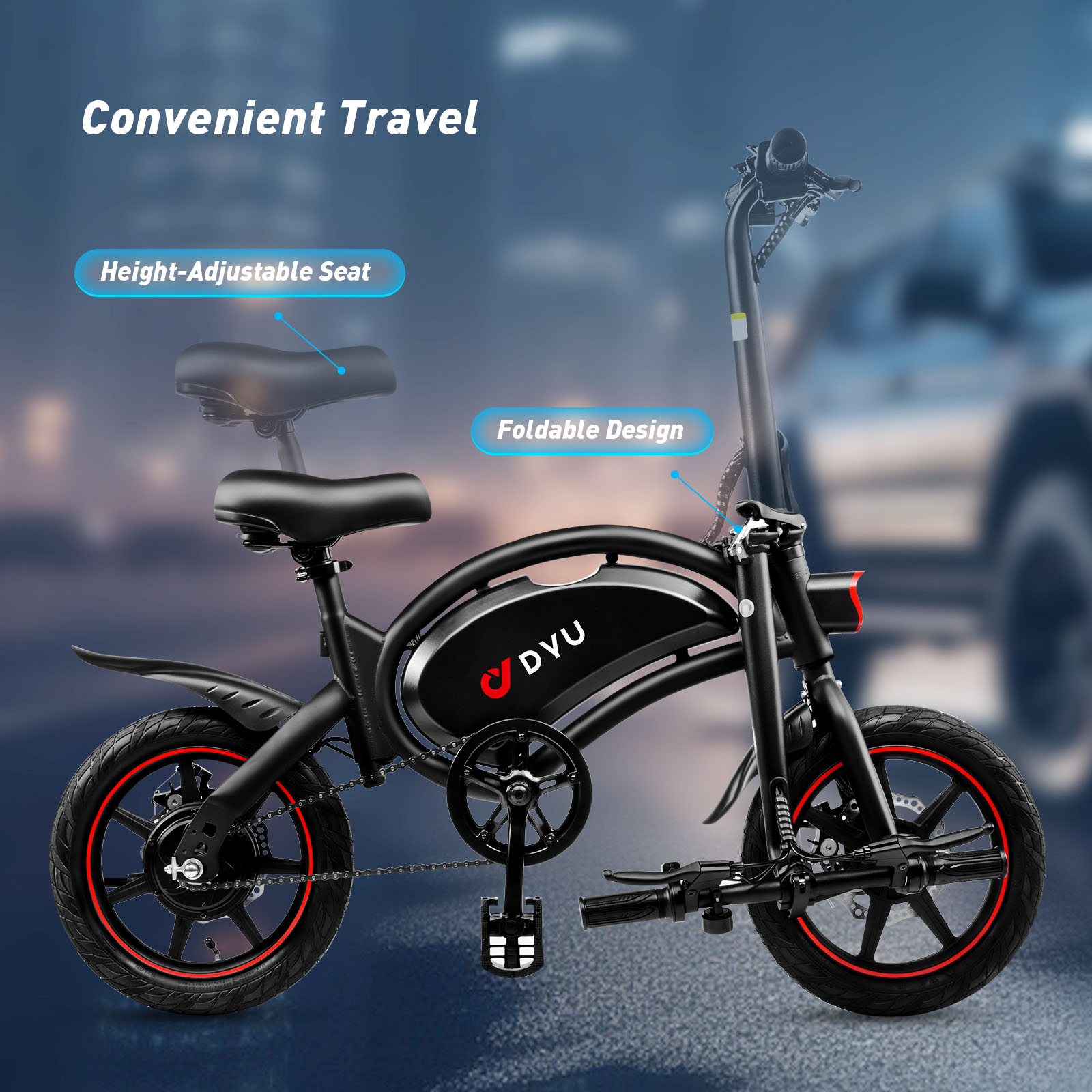 Una bicicleta eléctrica plegable negra con detalles rojos en el aro y asiento ajustable.