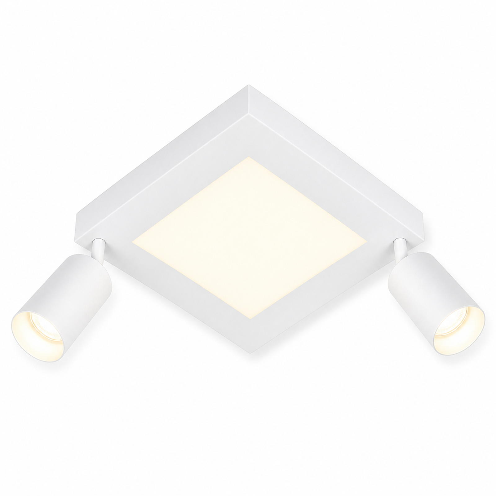 Plafoniera bianca con due faretti orientabili e pannello luminoso centrale.