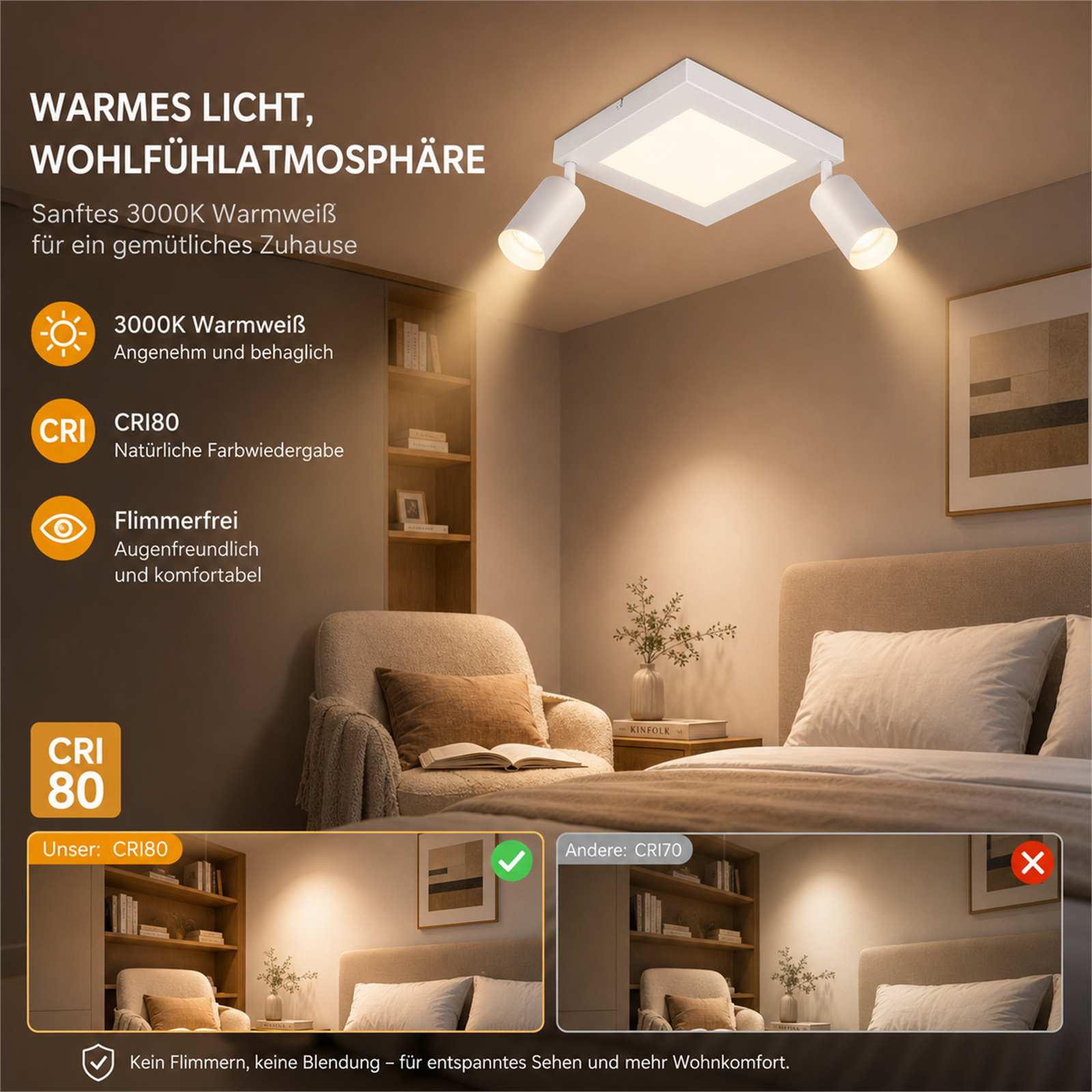 Una camera da letto con una plafoniera che emette luce calda.