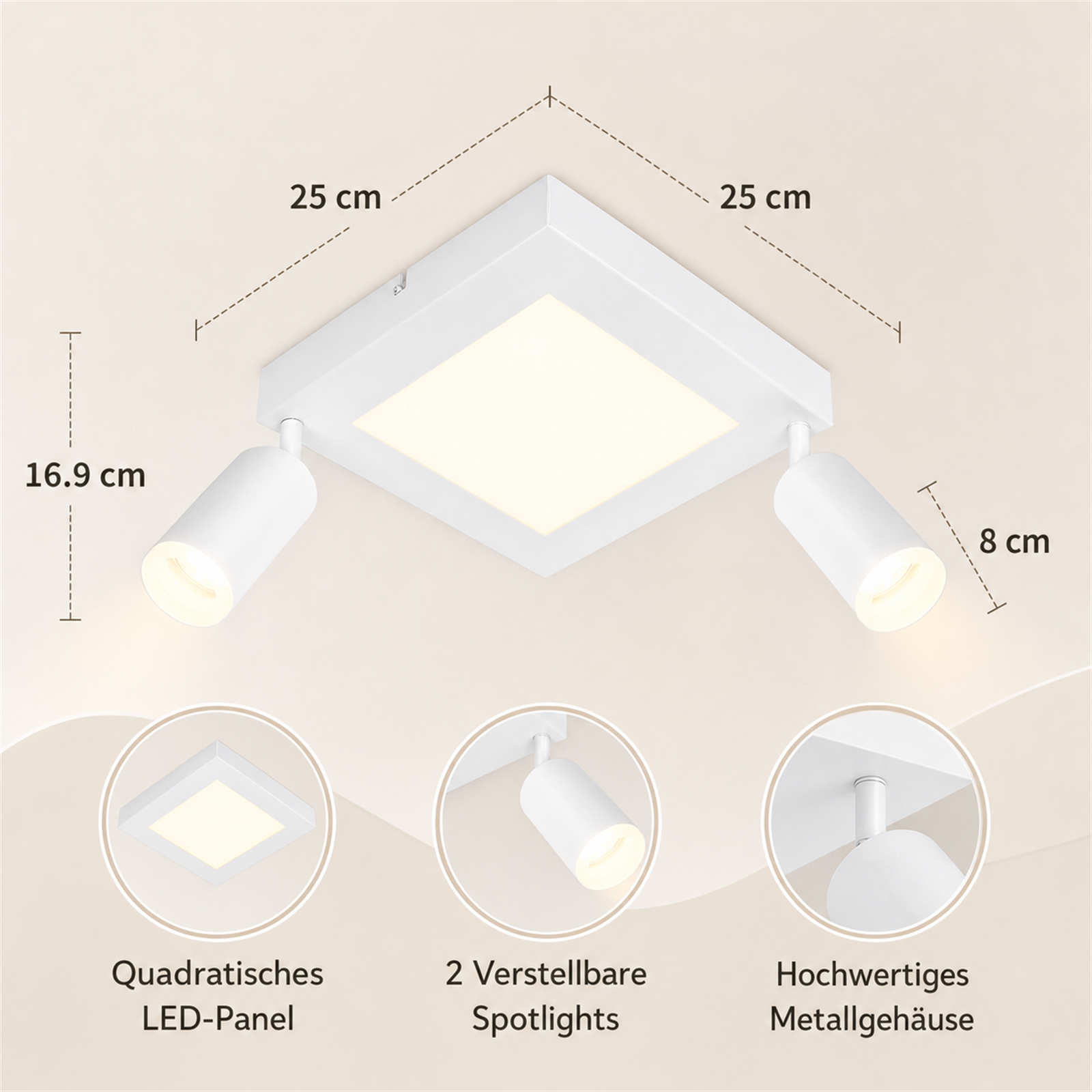 Plafoniera bianca con pannello LED quadrato e due faretti orientabili.