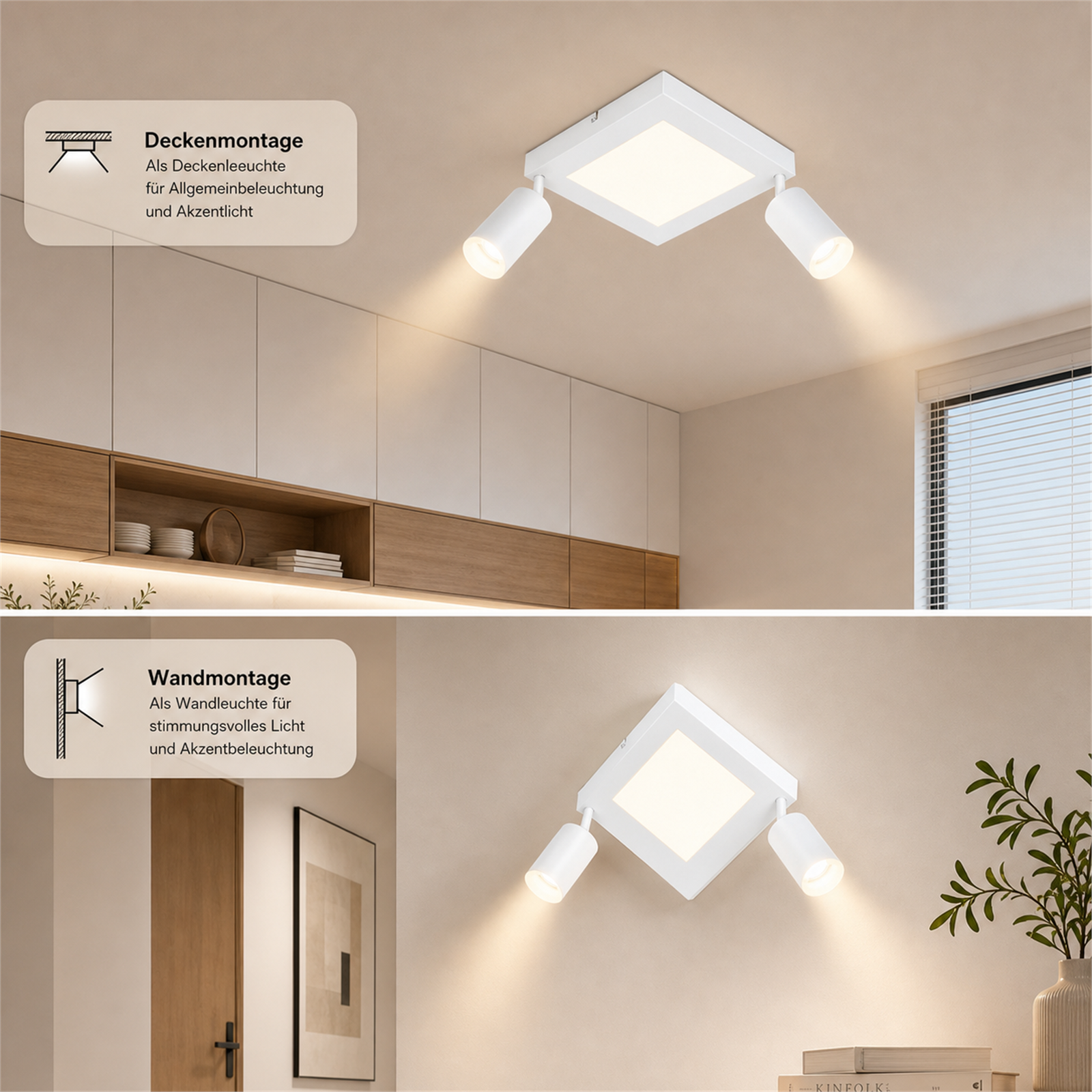 Lampada da soffitto bianca con tre faretti, montata a soffitto e parete.