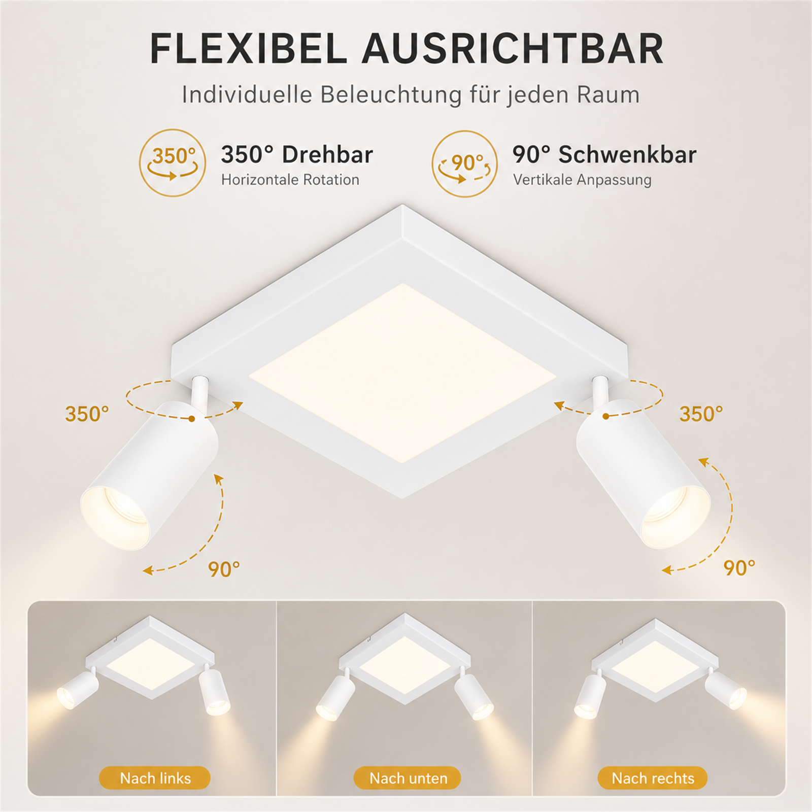Un faretto da soffitto bianco con due luci regolabili, che mostrano angoli di rotazione e inclinazione.