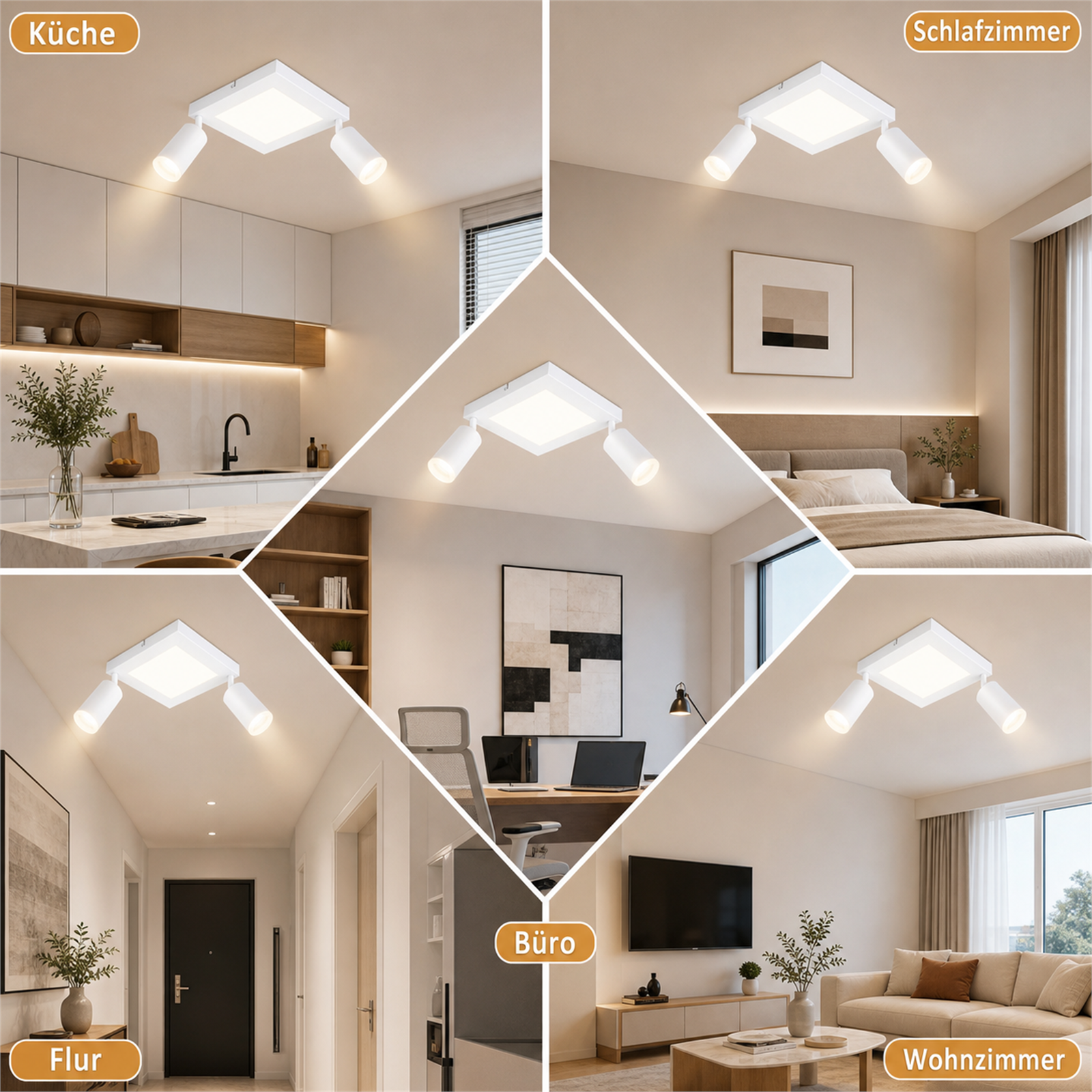 Collage di stanze con plafoniera: cucina, camera da letto, corridoio, ufficio, soggiorno.