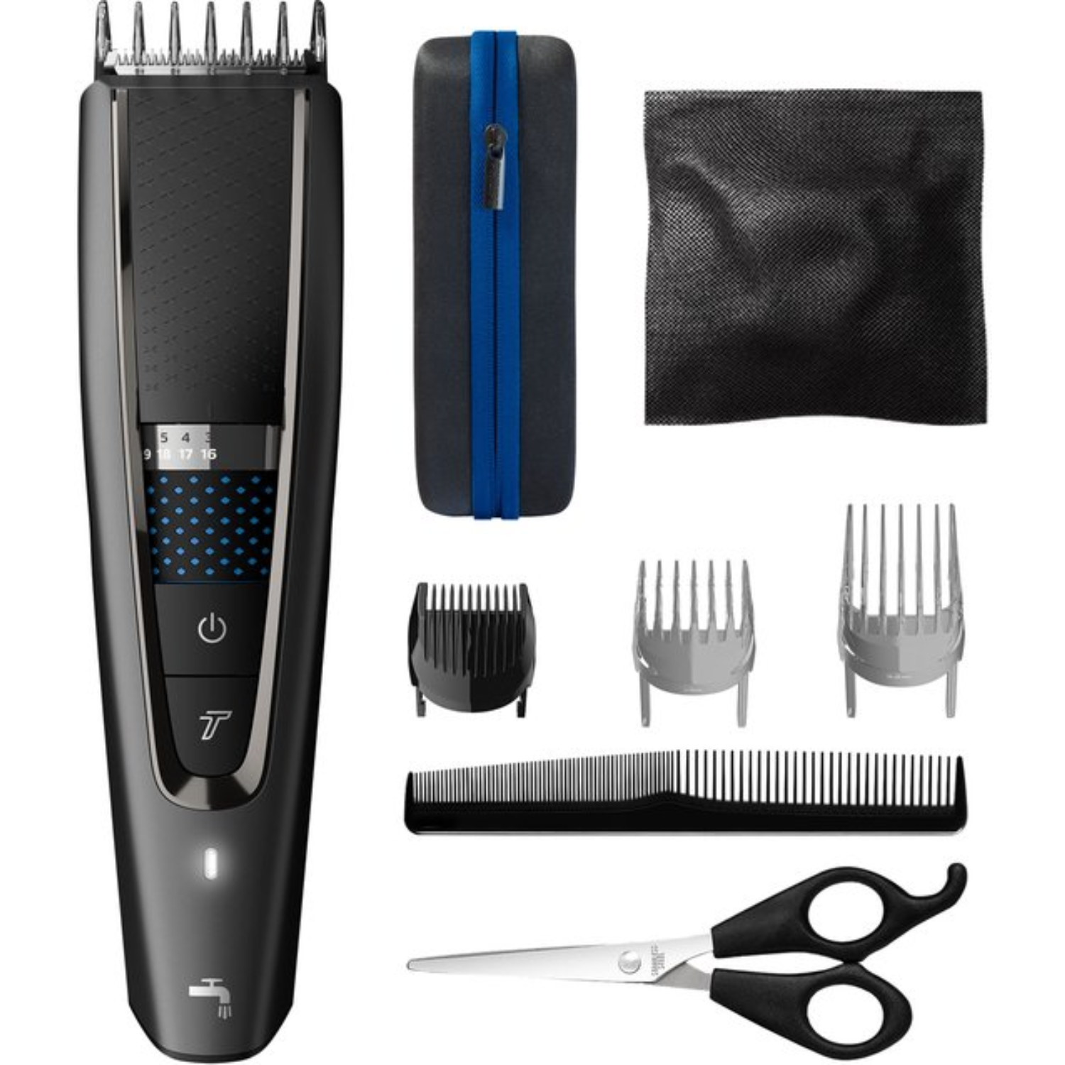 Een zwarte tondeuse set met accessoires: opzetkammen, stoffen etui, schaar en kam.