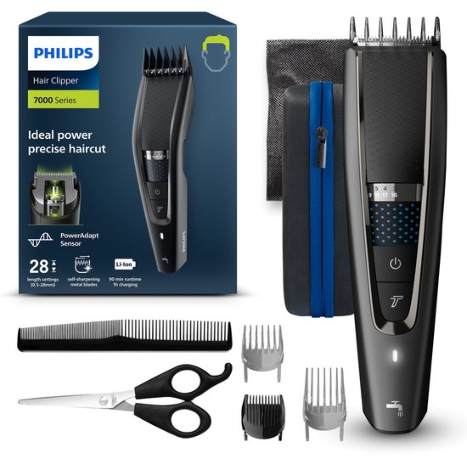 Philips Haartrimmer 7000 Serie met accessoires: kammen, schaar en opzetstukken.