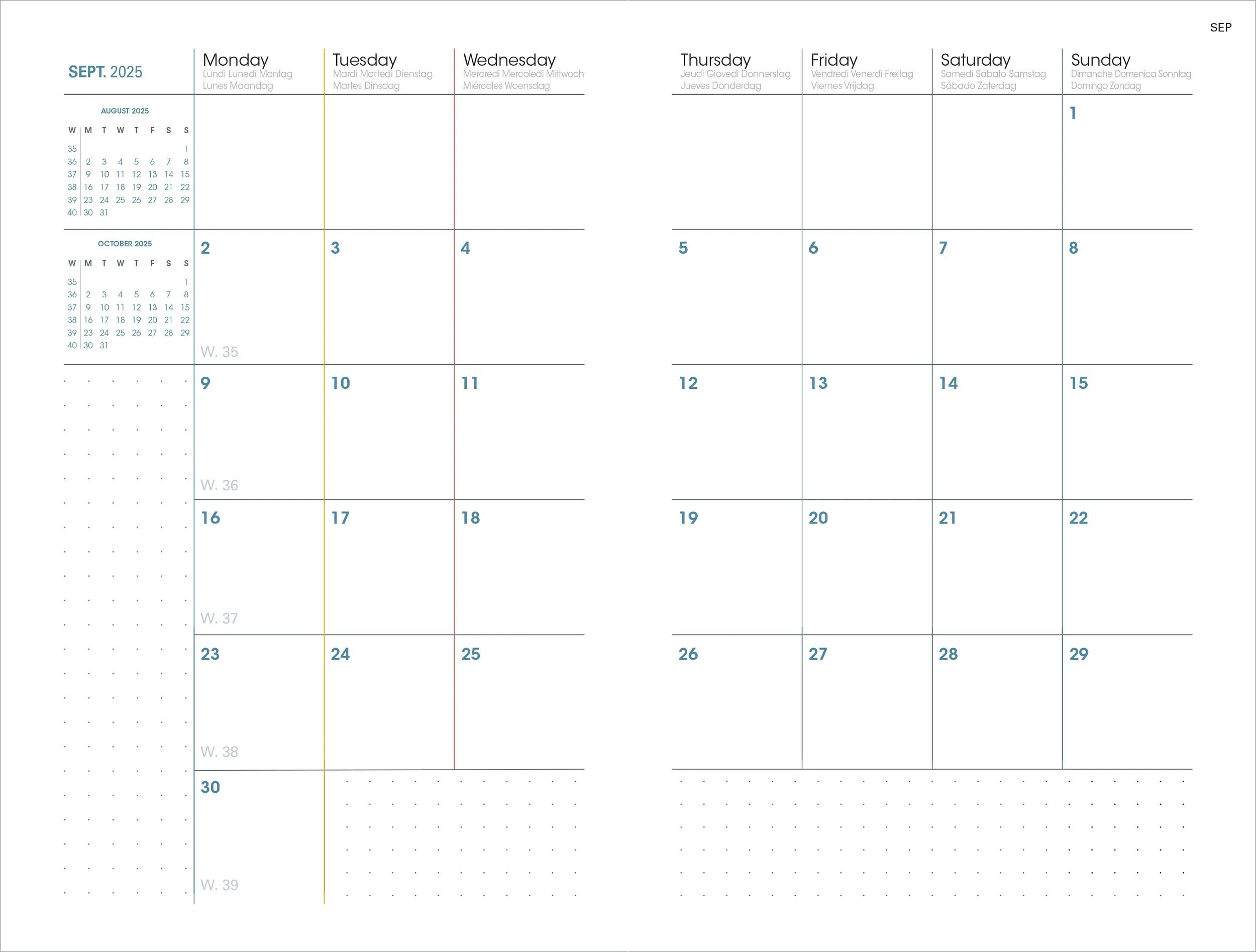 Página de calendario para septiembre de 2025 mostrando días y números de semana.