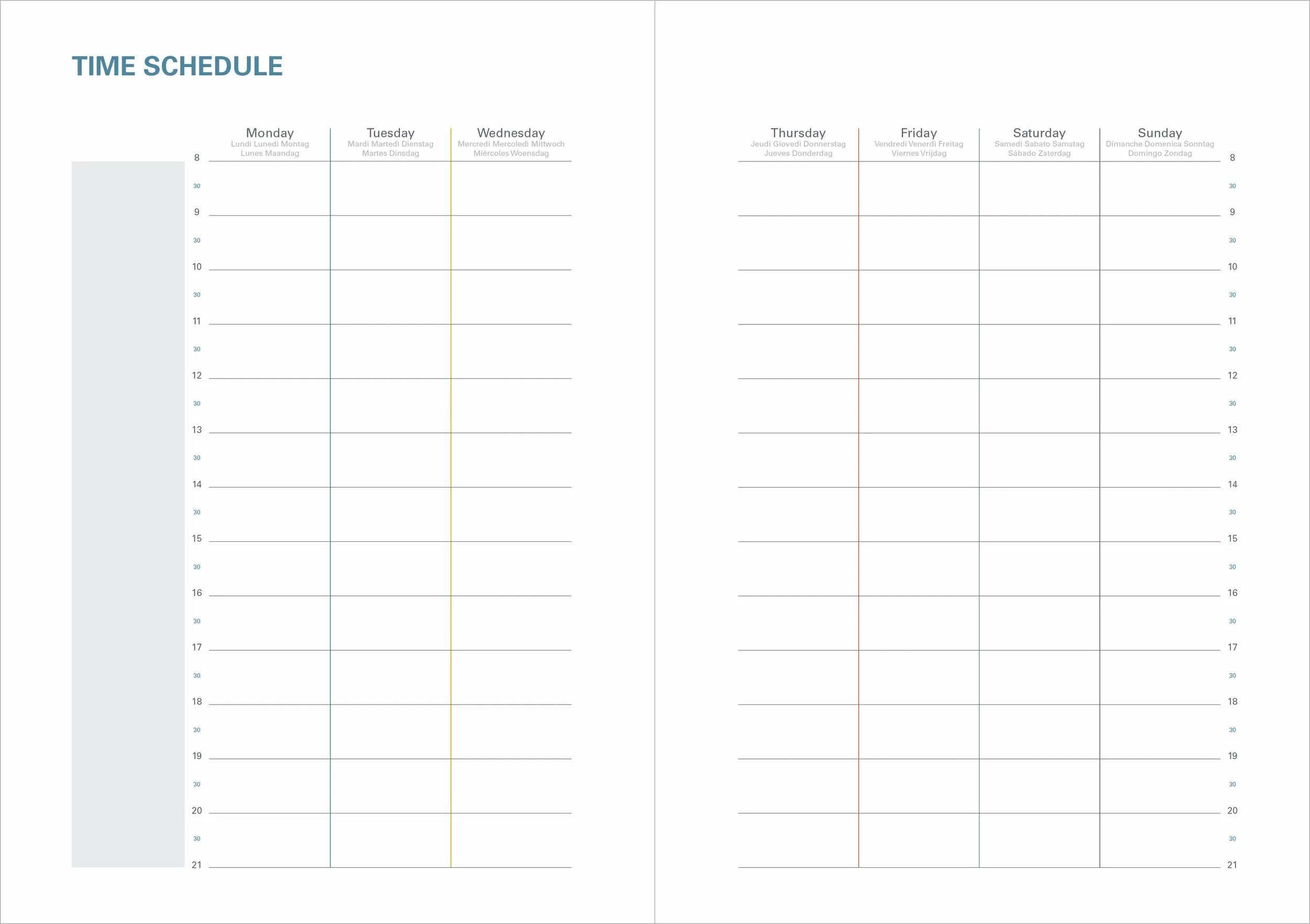 Una plantilla de horario vacía que muestra de lunes a domingo.