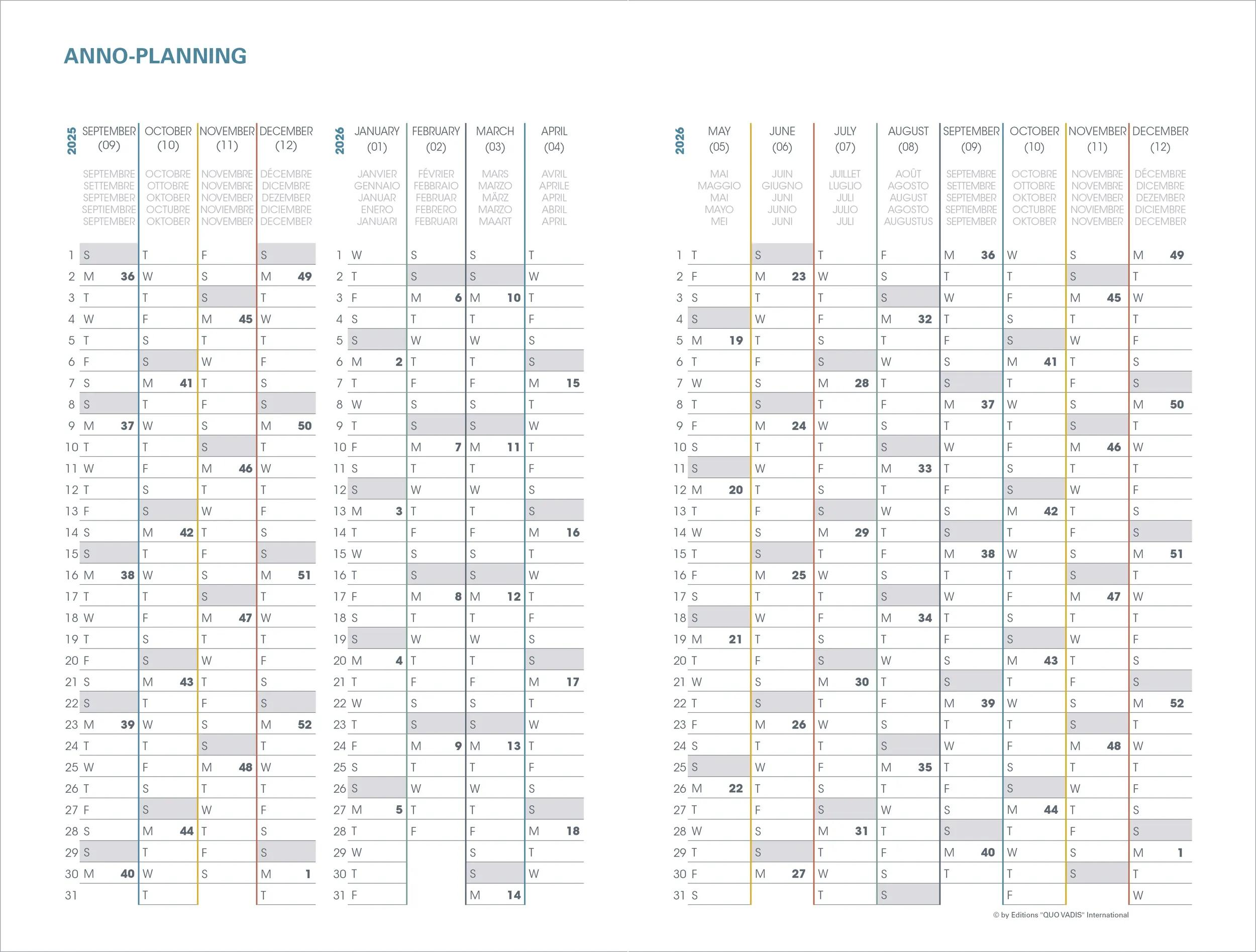 Un calendario de planificación anual para 2025/2026 que muestra meses y días.
