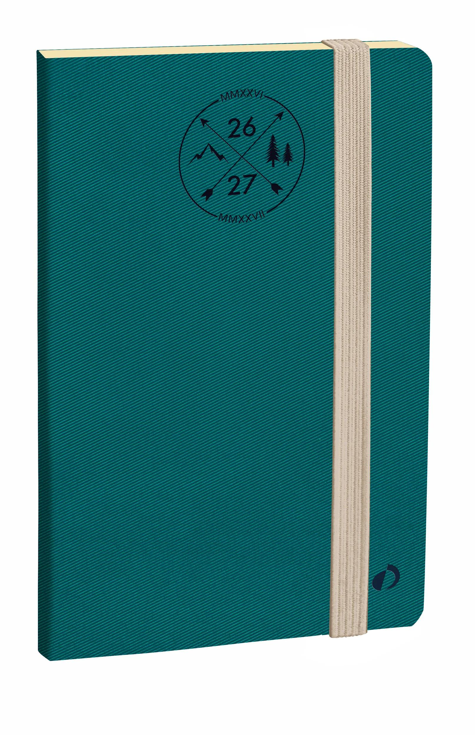 Un cuaderno verde azulado con banda y diseño circular con números y símbolos.