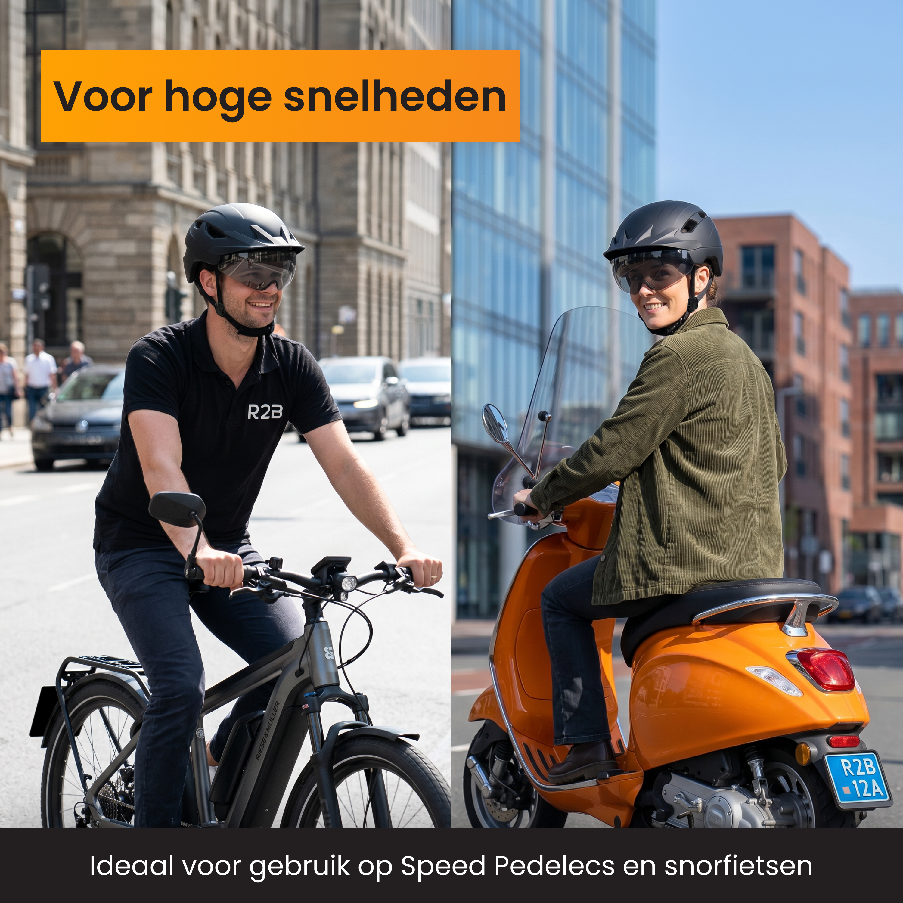 Man on e-bike, woman on scooter in city. For high speeds.