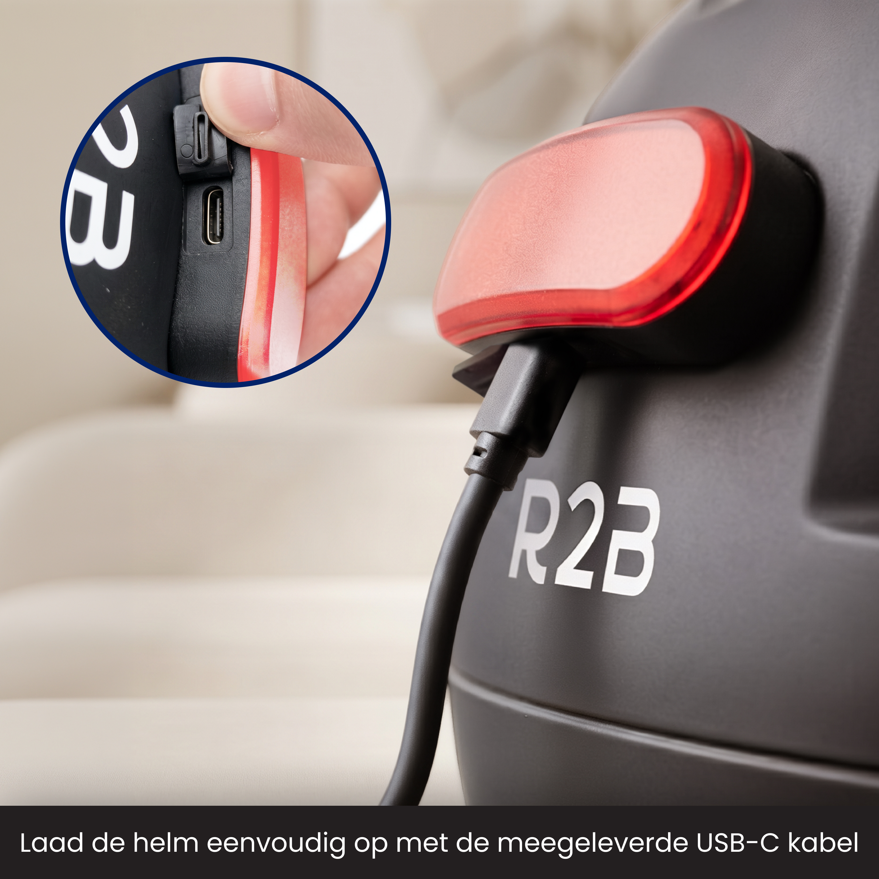 Black helmet with red taillight being charged via USB-C.
