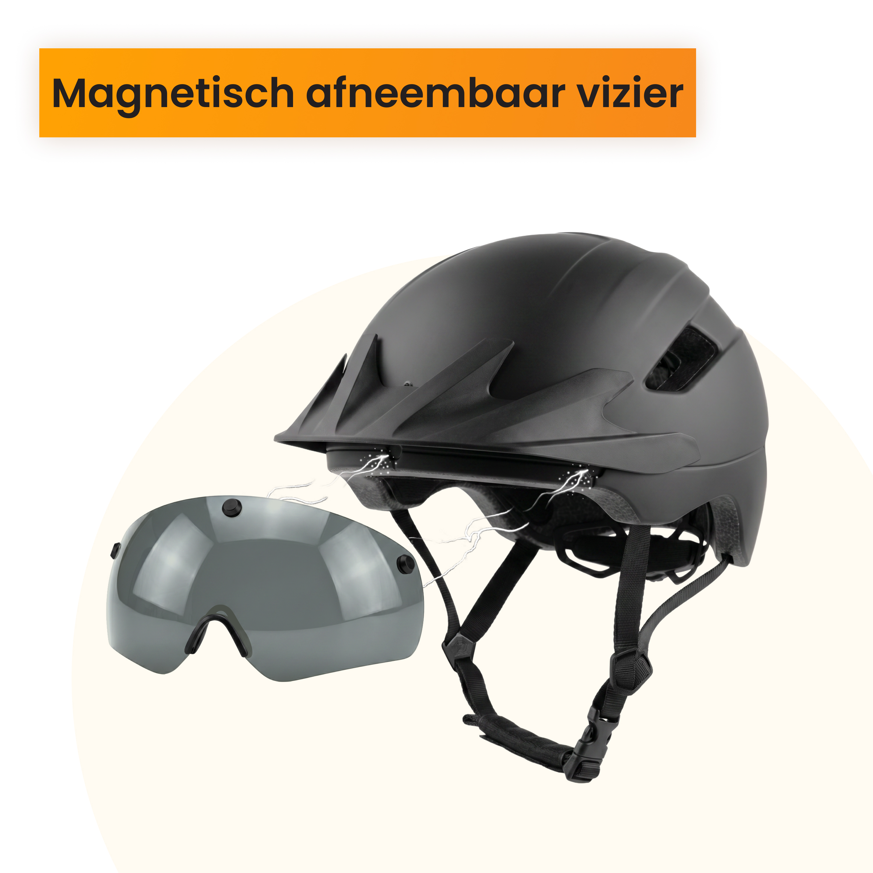 Black helmet with a detachable gray visor. White lines indicate a magnetic connection.