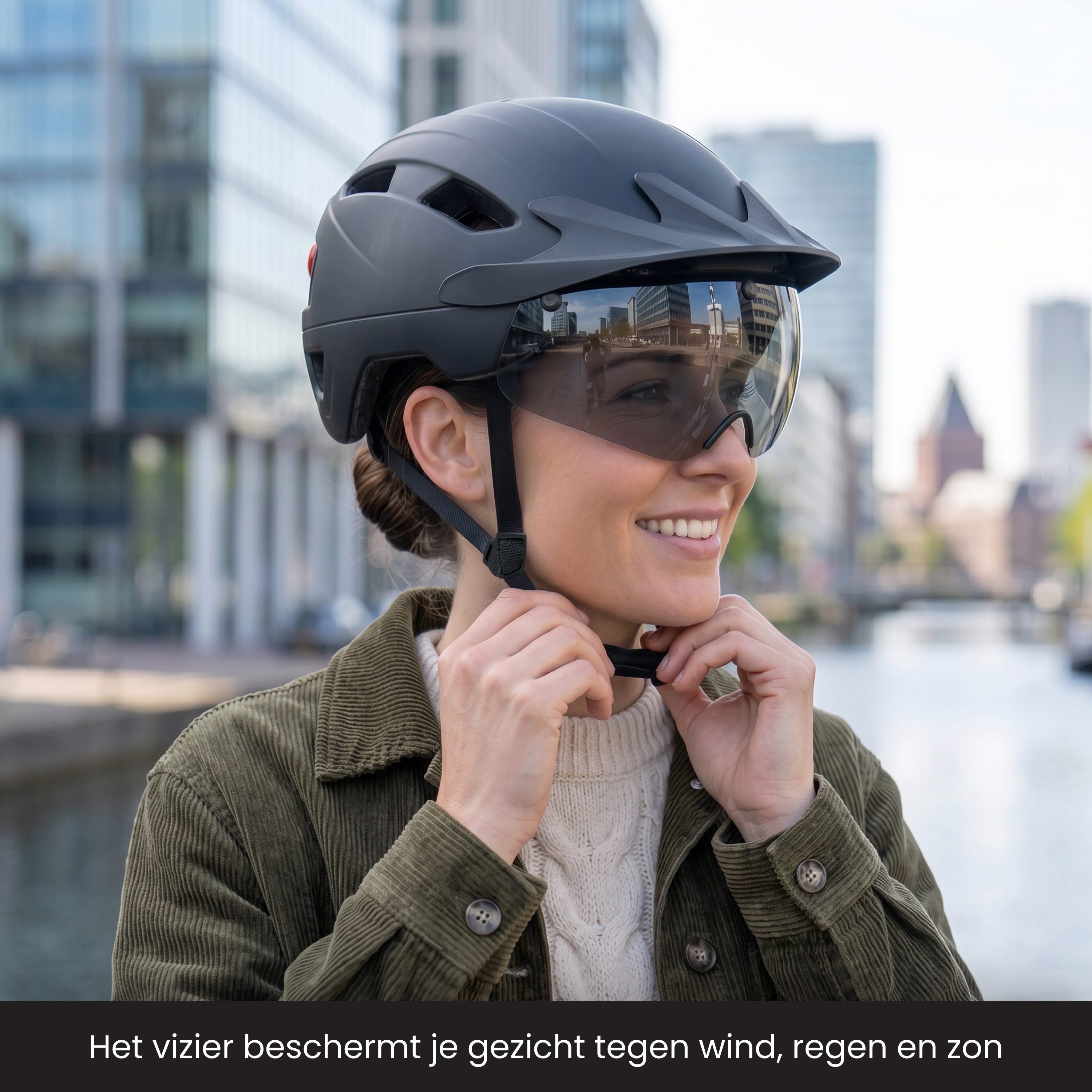 A woman adjusts her black bicycle helmet with a visor, city background.