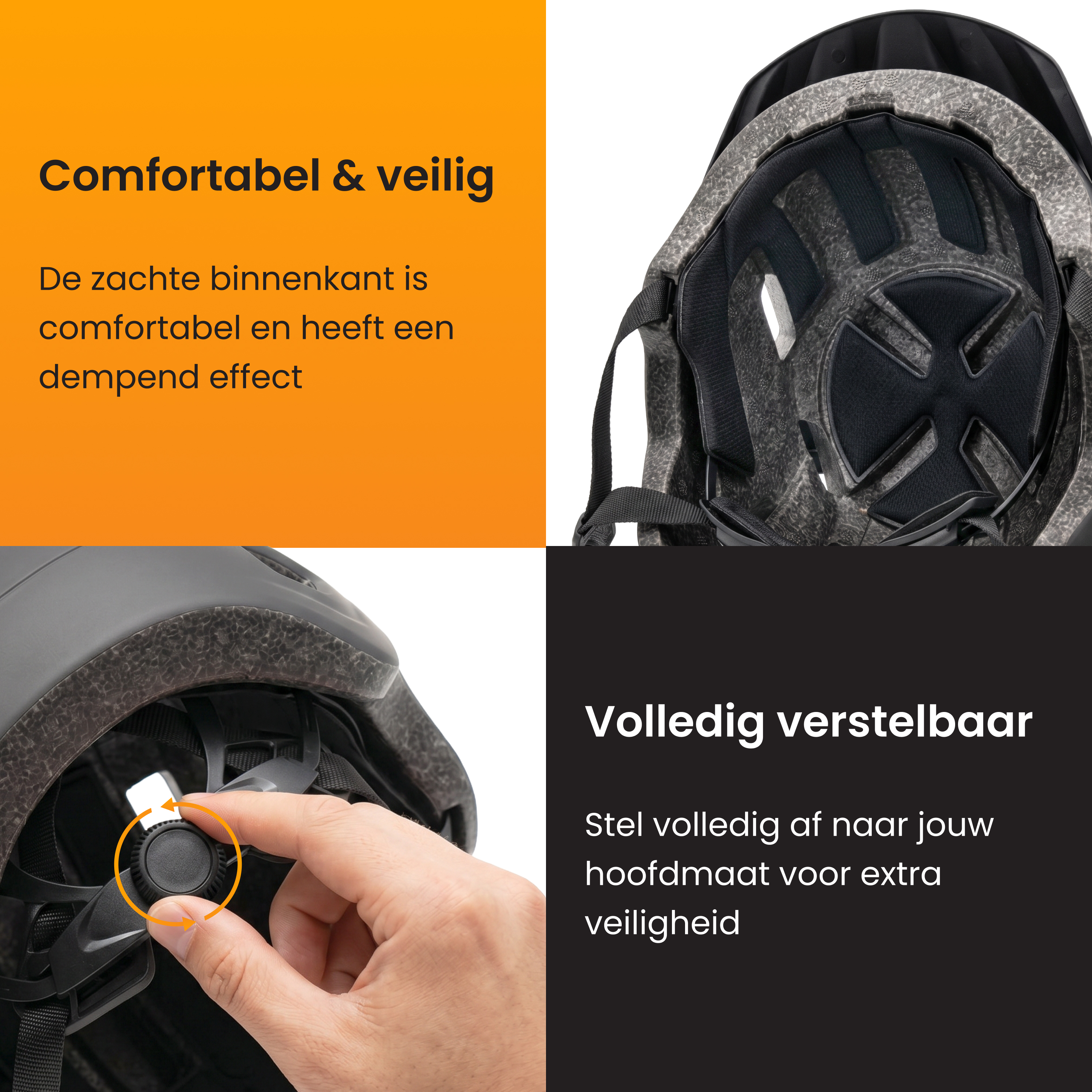 Black helmet interior and exterior, with adjustment knob and text.