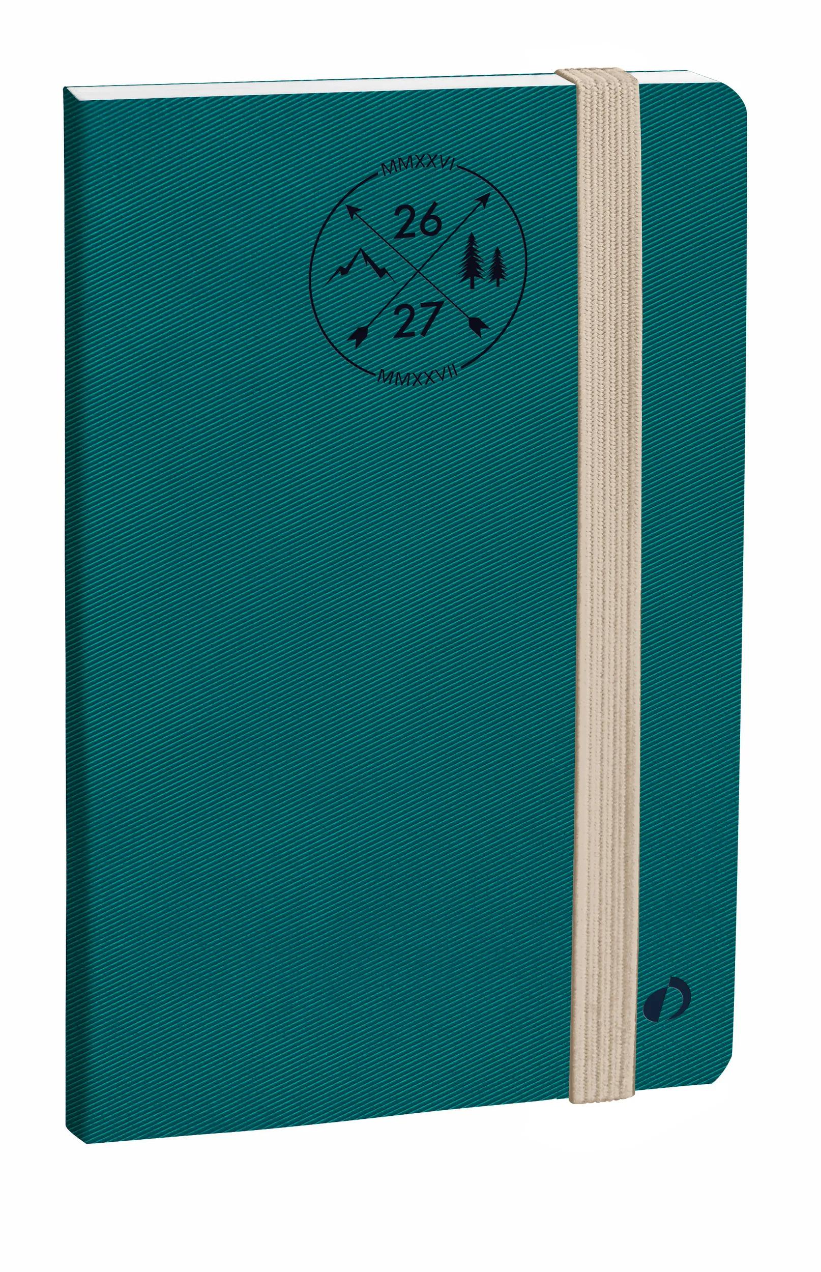 Un bloc de notas verde azulado con banda elástica beige y diseño circular.
