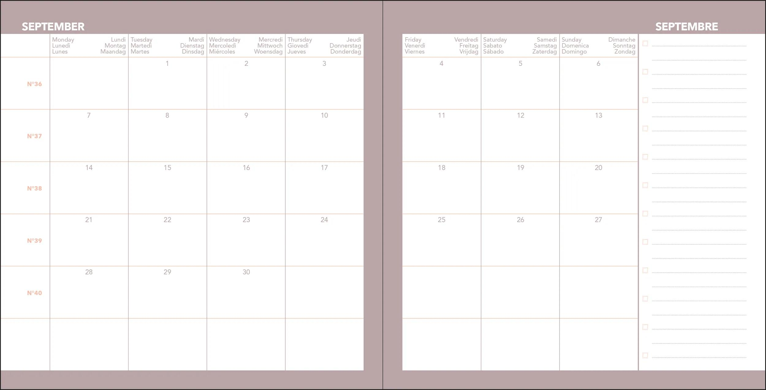 Página de calendario de septiembre mostrando días y fechas.