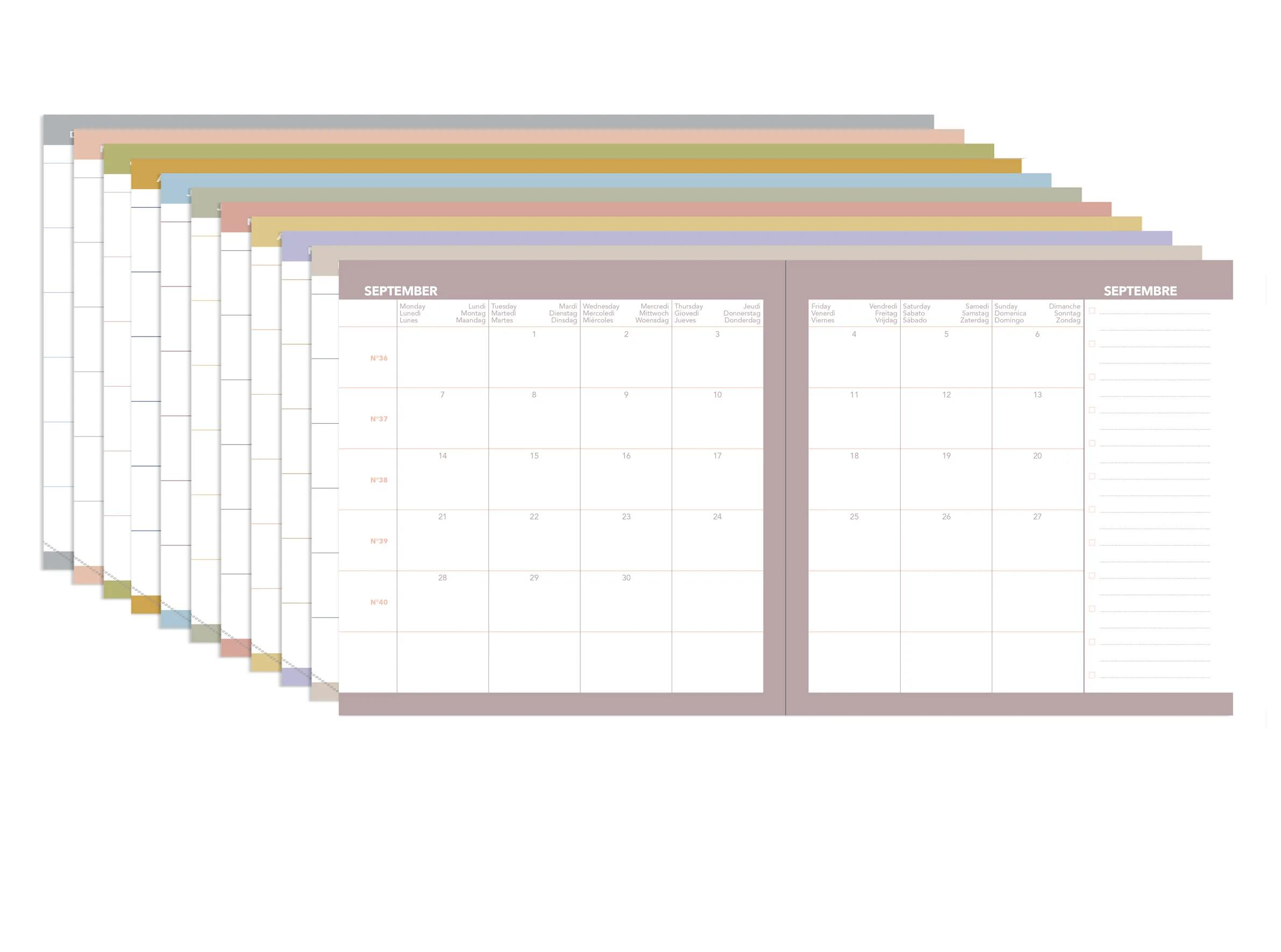 Página de calendario de septiembre con días numerados y días laborables multilingües.
