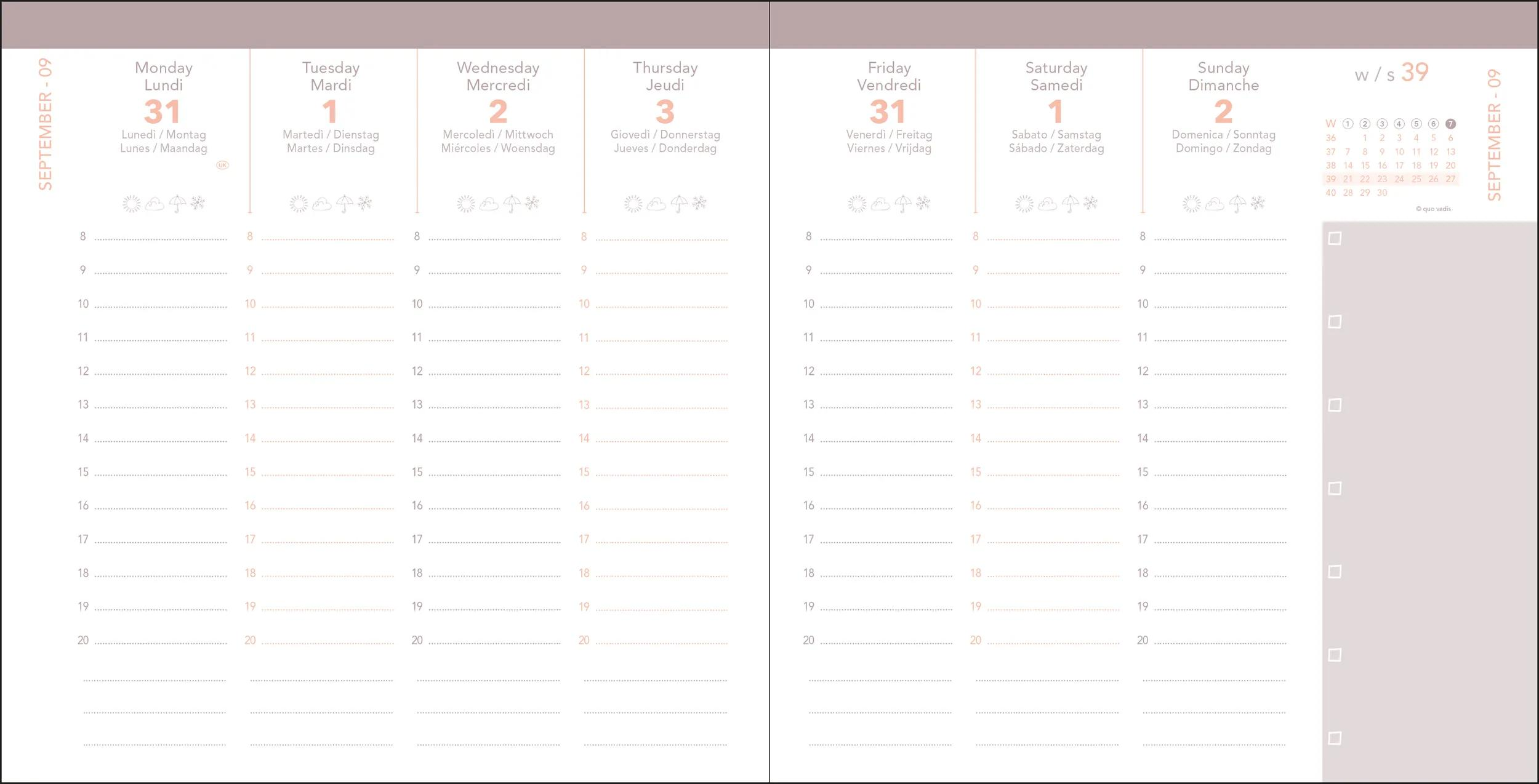 Página de calendario de septiembre con días y horas.