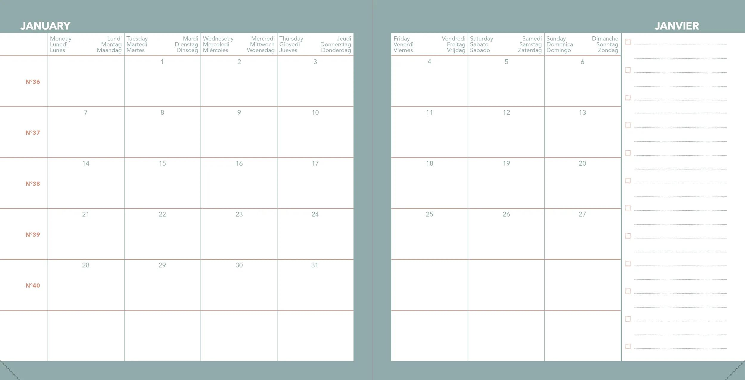 Página del calendario de enero que muestra días, fechas y números de semana a la izquierda.