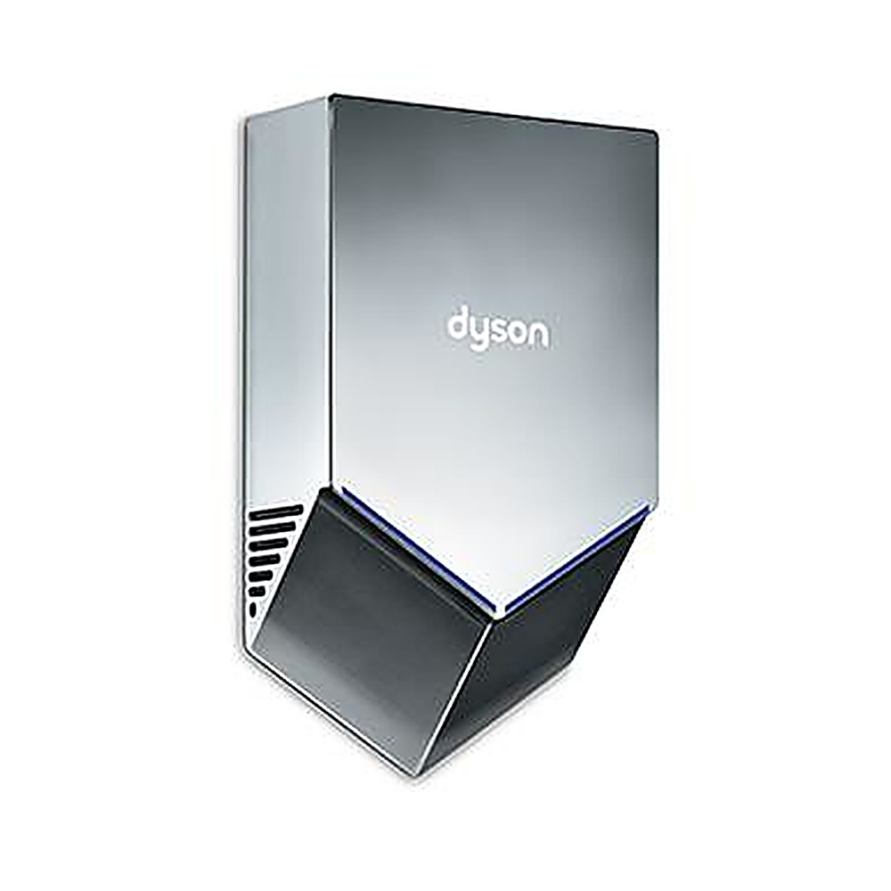 Un asciugamani Dyson argentato montato su una parete bianca con accenti blu.