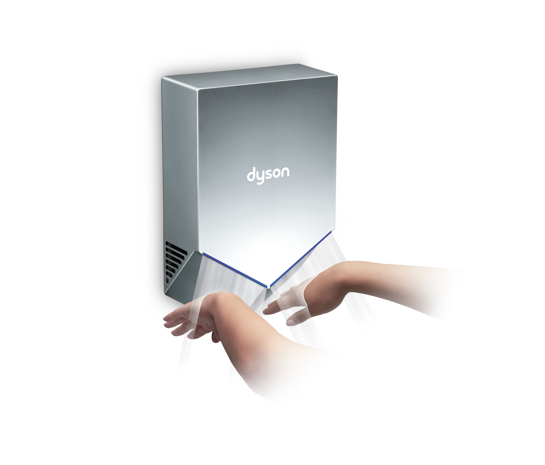 Un asciugamani Dyson argentato su un muro asciuga le mani con getti d'aria.