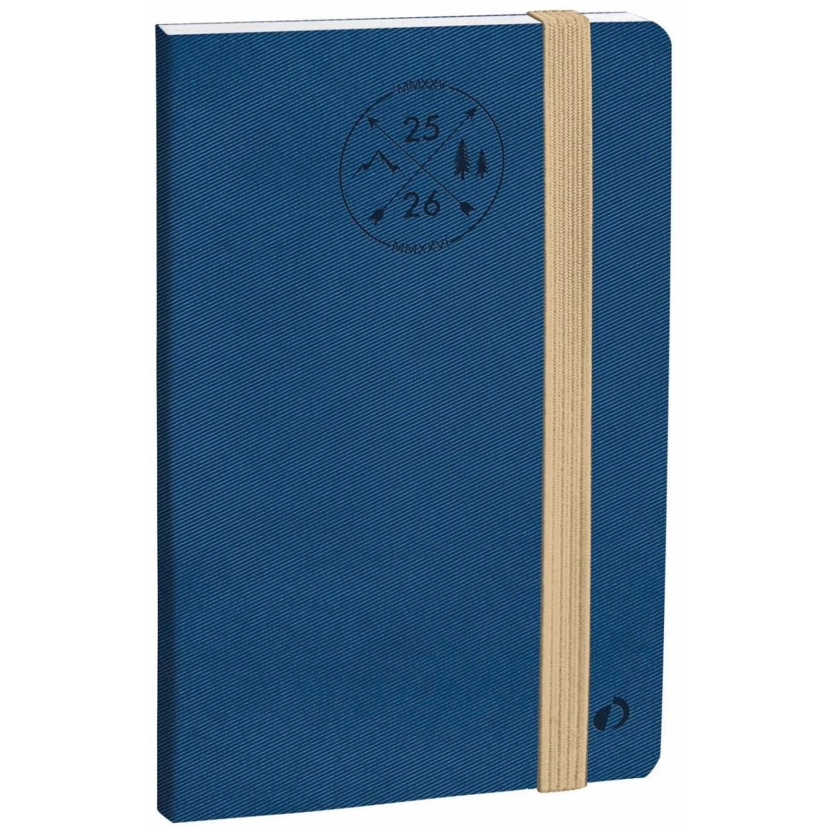 Un cuaderno azul con banda elástica color canela y logo circular.