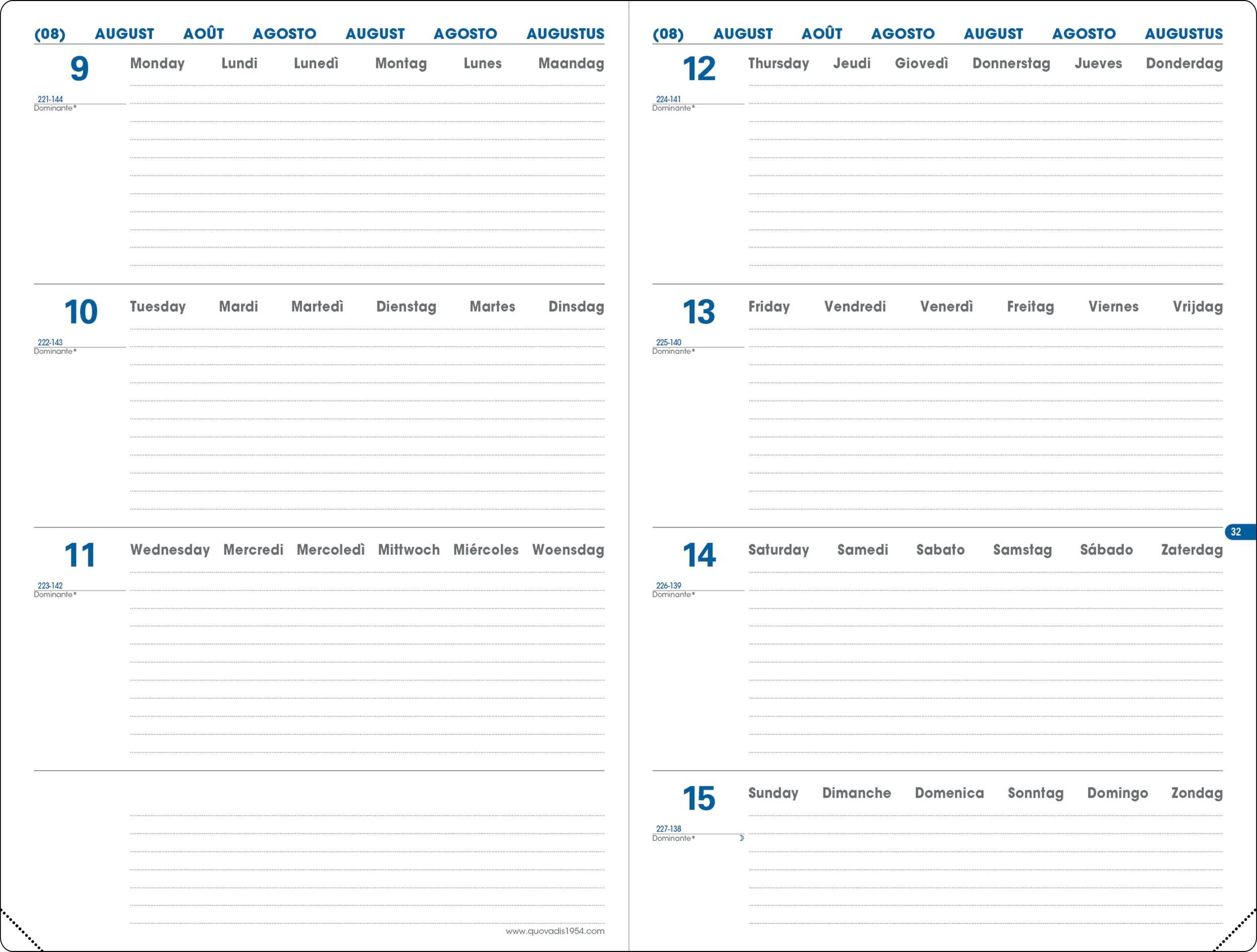 Una página de calendario que muestra del 9 al 15 de agosto, multilingüe.