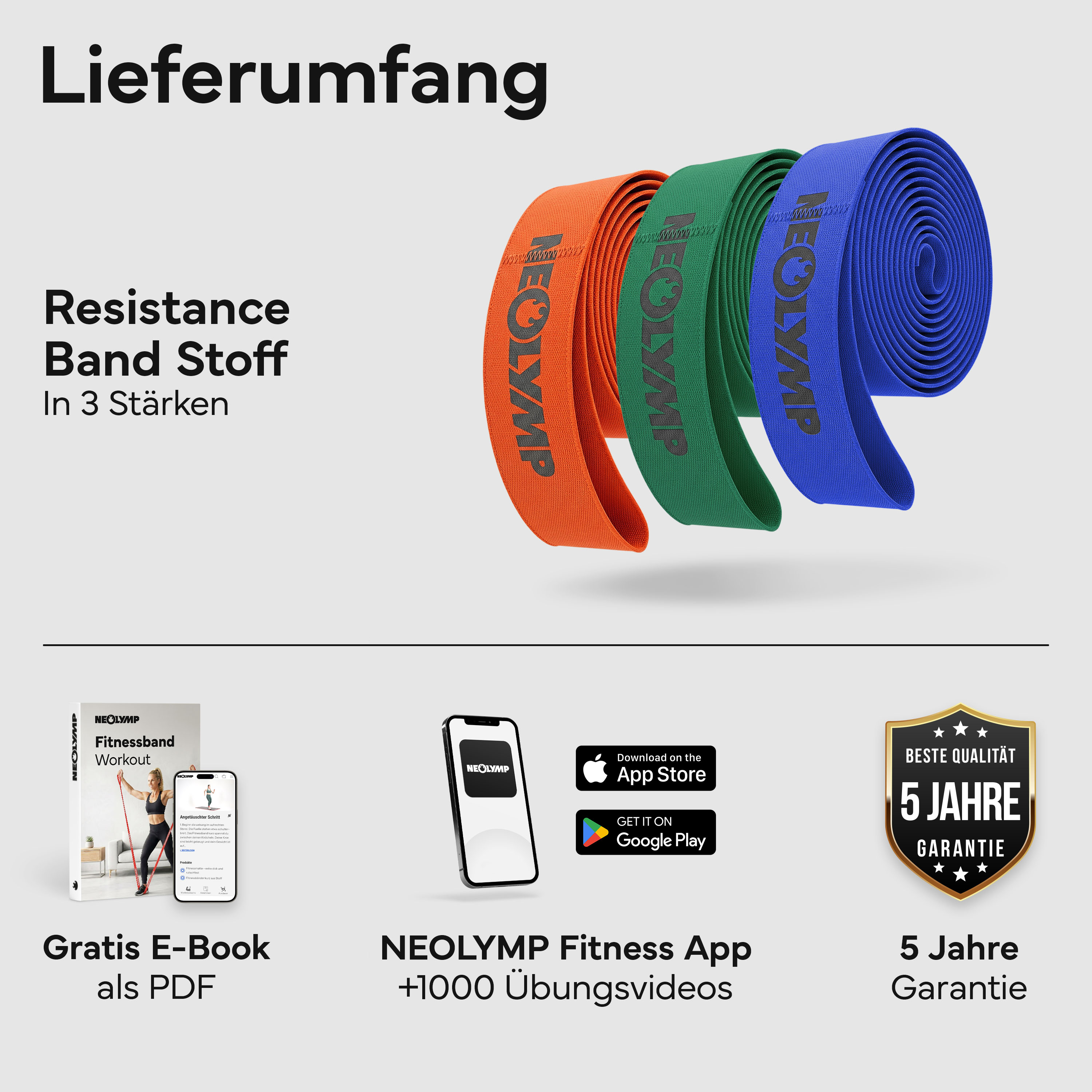 3 farbige Widerstandsbänder in Orange, Grün und Blau liegen nebeneinander.