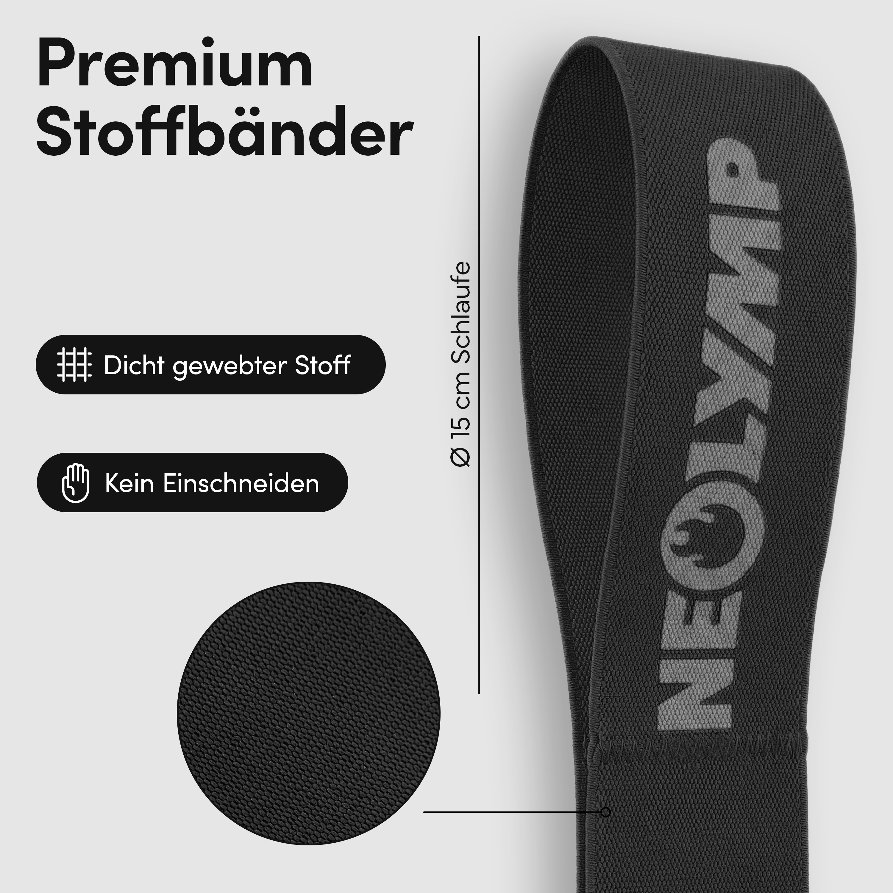 Schwarzes Stoffband mit Logo, dicht gewebt, 15 cm Schlaufe, kein Einschneiden.