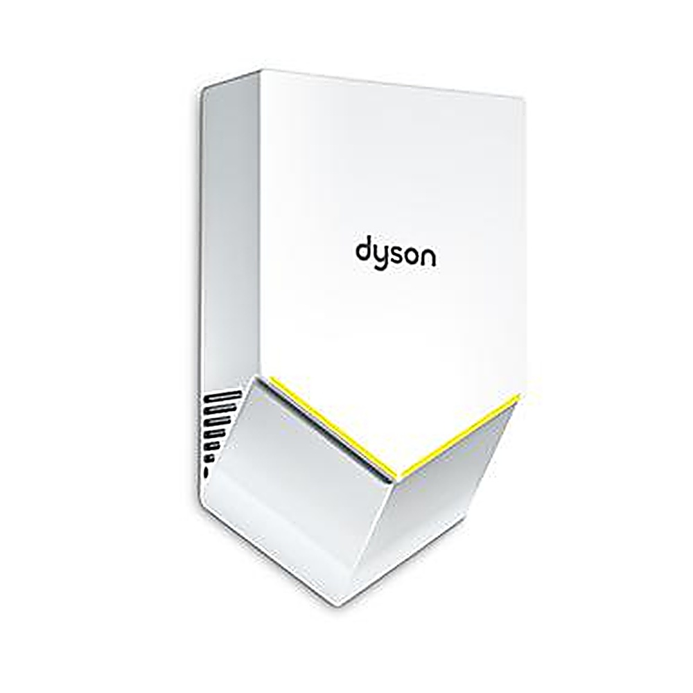 Un asciugamani Dyson bianco con accenti gialli.