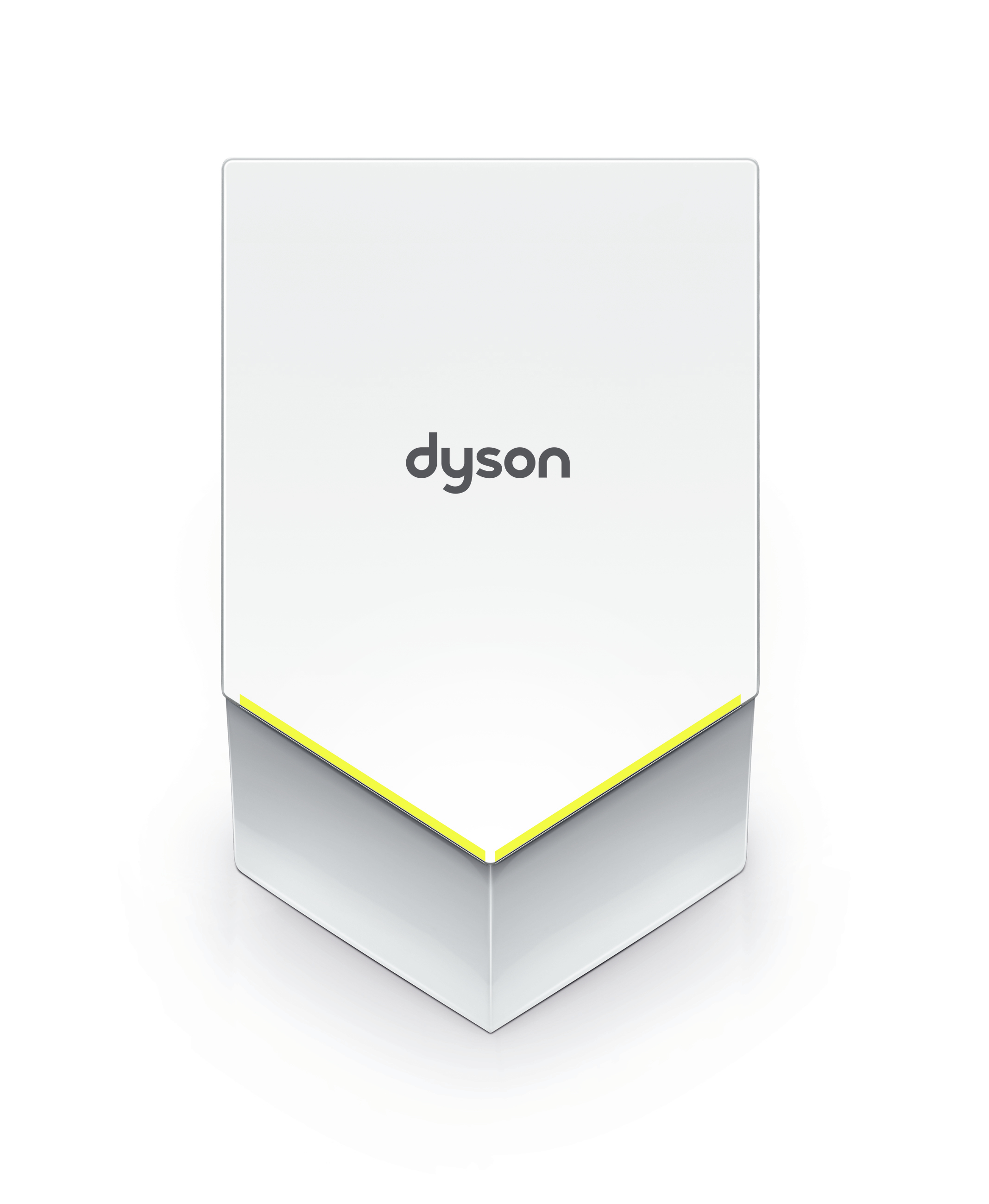 Un dispositivo Dyson bianco con una striscia gialla sul davanti.