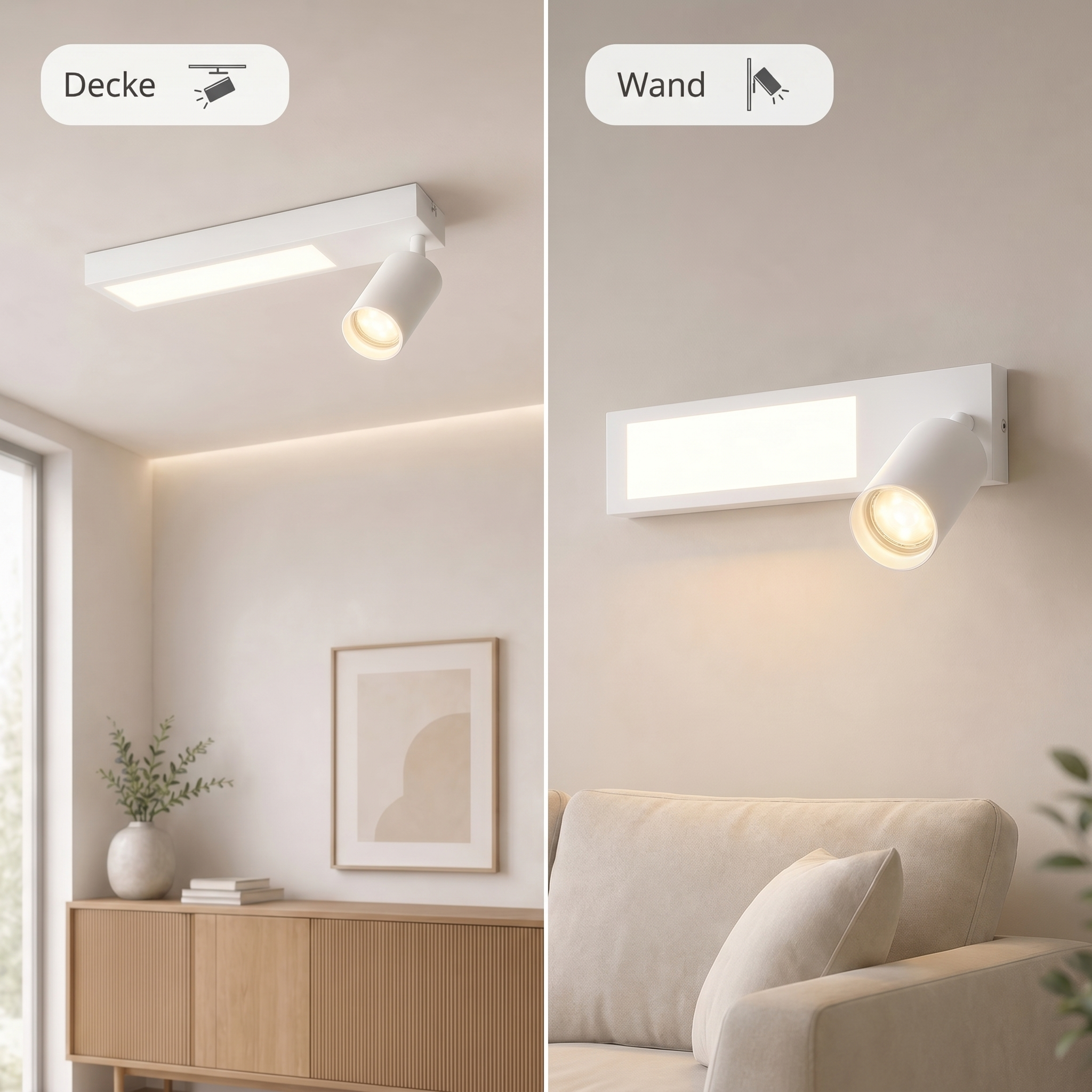 Due lampade bianche, una a soffitto, una a parete.