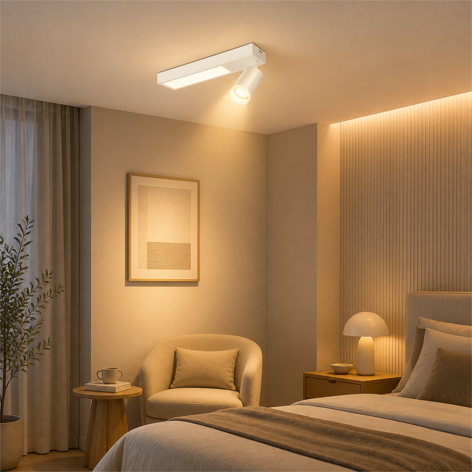 Una camera da letto ben illuminata con letto, poltrona, comodino e quadro.