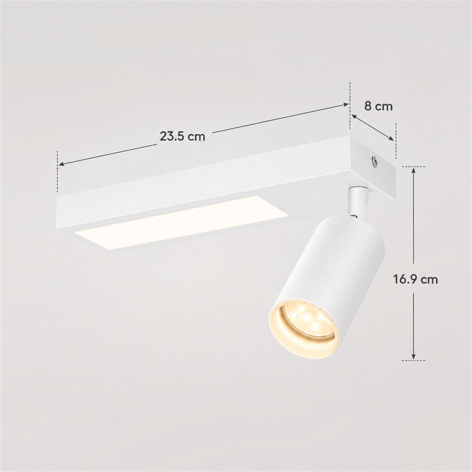 Una lampada bianca con spot orientabile e misure.