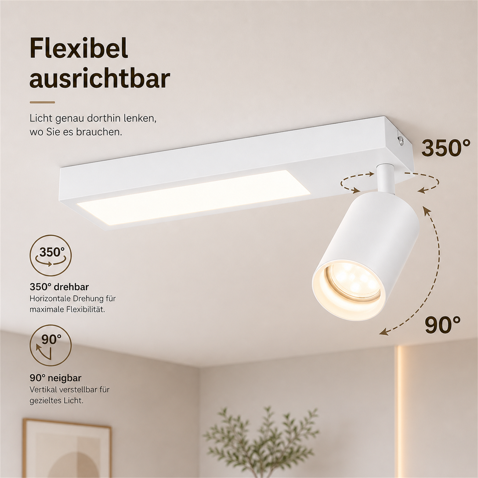 Un faretto da soffitto bianco con orientamento flessibile, ruotabile di 350° e inclinabile di 90°.