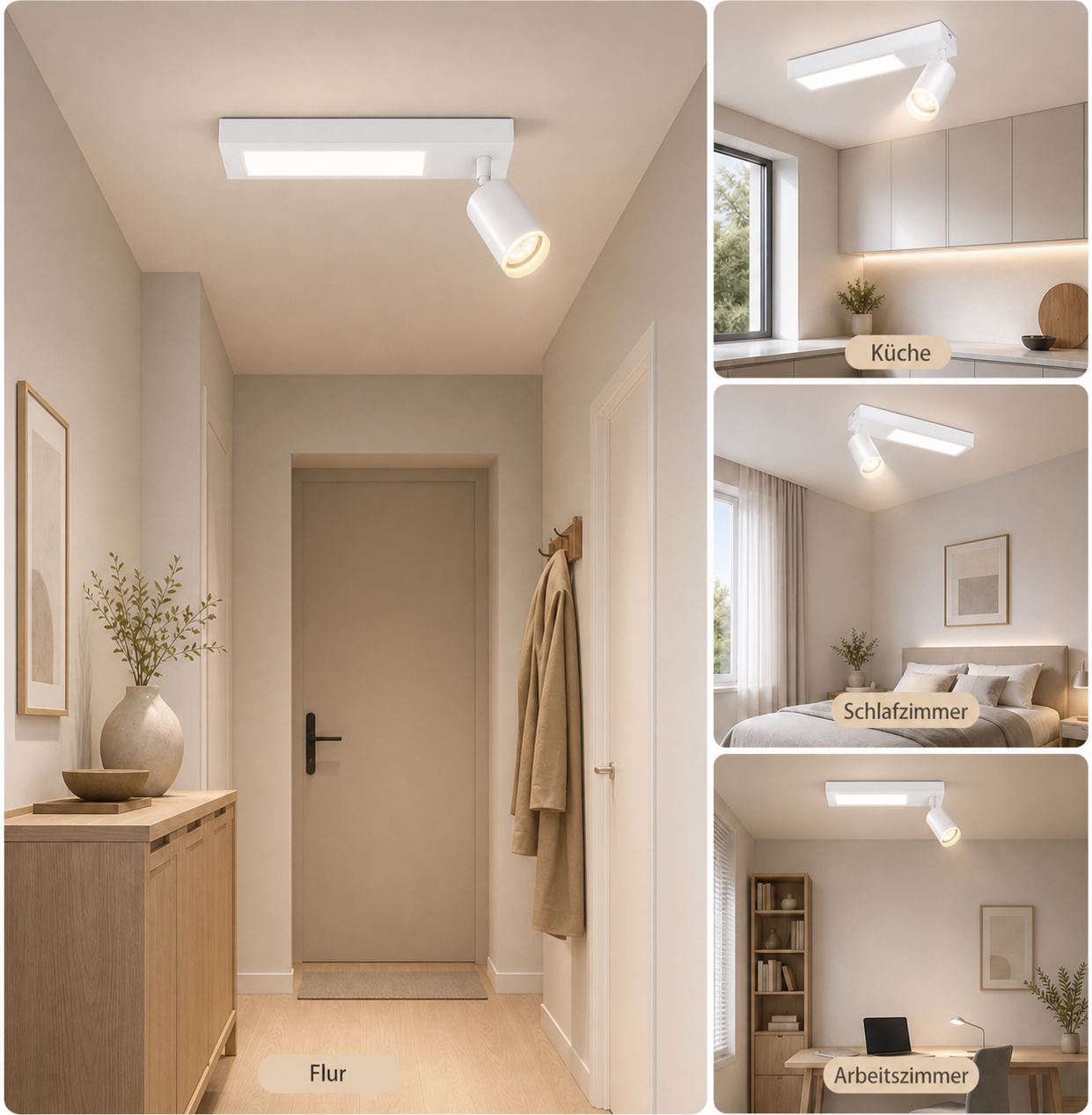Faretti da soffitto moderni con spot orientabile in corridoio, cucina, camera e studio.