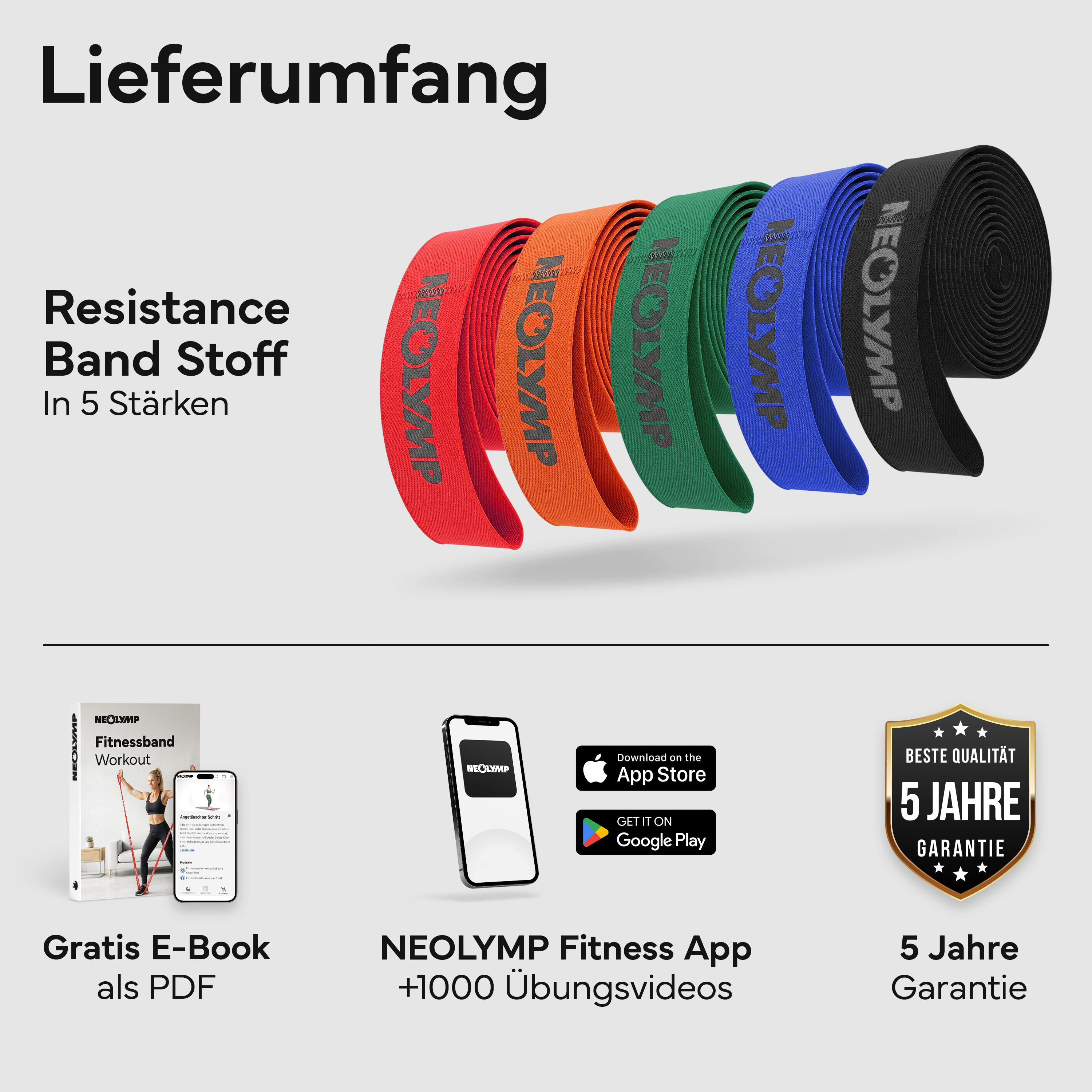 Lieferumfang: Stoff-Widerstandsbänder in 5 Stärken, E-Book, App, 5 Jahre Garantie.