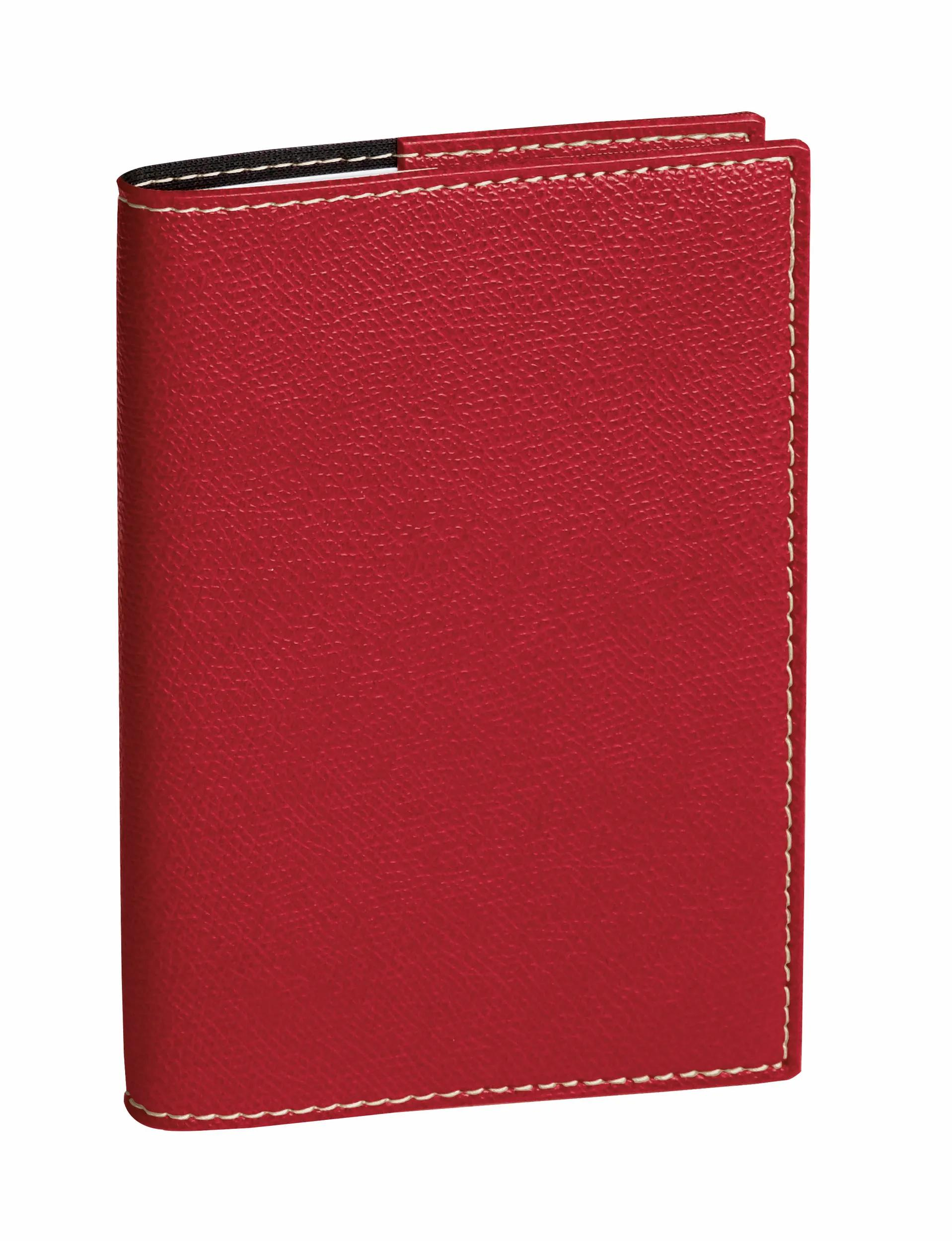Una billetera roja de cuero con costuras blancas, sobre fondo blanco.